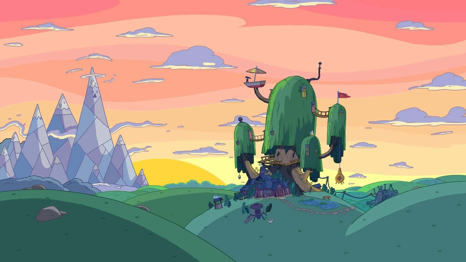 Animated Tv Series 桌布 壁紙 — 一個奇幻的樹屋村莊，坐落在日落時分的山丘上，背景是鋸齒狀的山脈。