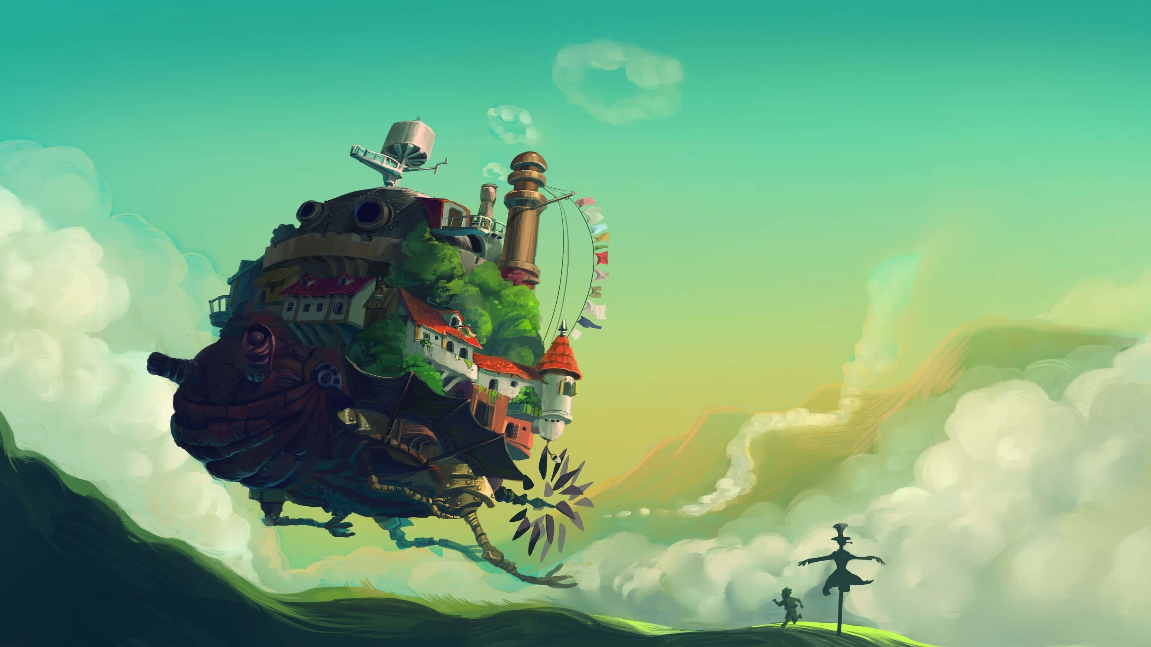 Studio Ghibli Art 桌布 壁紙 — 一個奇幻的浮島村莊，有紅頂房屋和蒸汽管道，在雲端飄浮，小小的身影從綠色山坡上仰望。