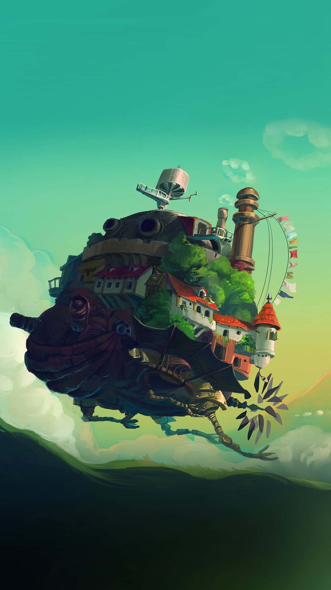 Studio Ghibli Art 桌布 壁紙 — 一個奇幻的浮島村莊，有紅頂房屋和燈塔，在青綠色天空下飄浮在雲層之上。