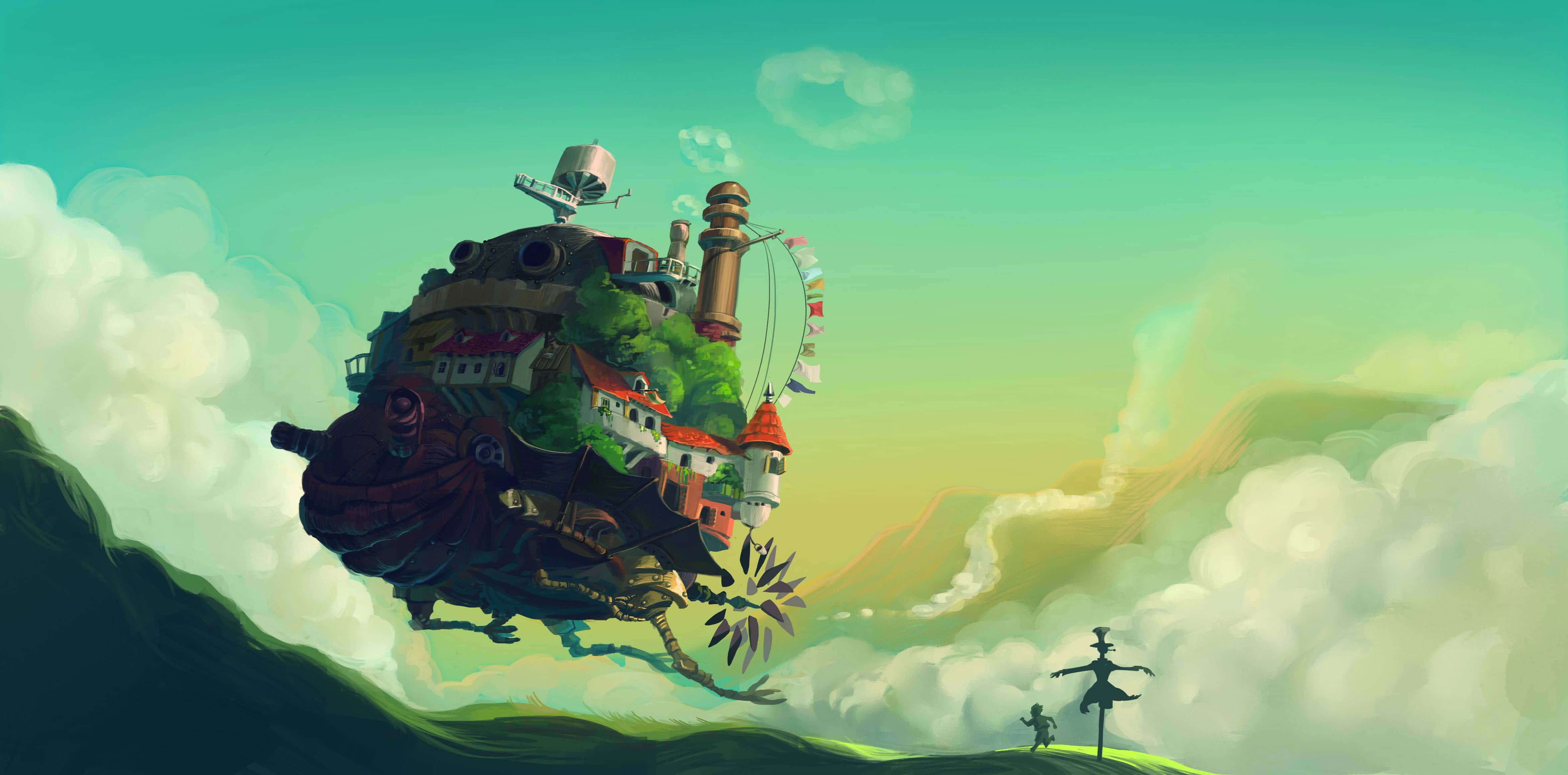 Cartoon Sci-fi 桌布 壁紙 — 一個奇幻的漂浮島村莊，有紅頂房屋和一隻巨大的機械鯨魚在蓬鬆的雲層上方滑翔。