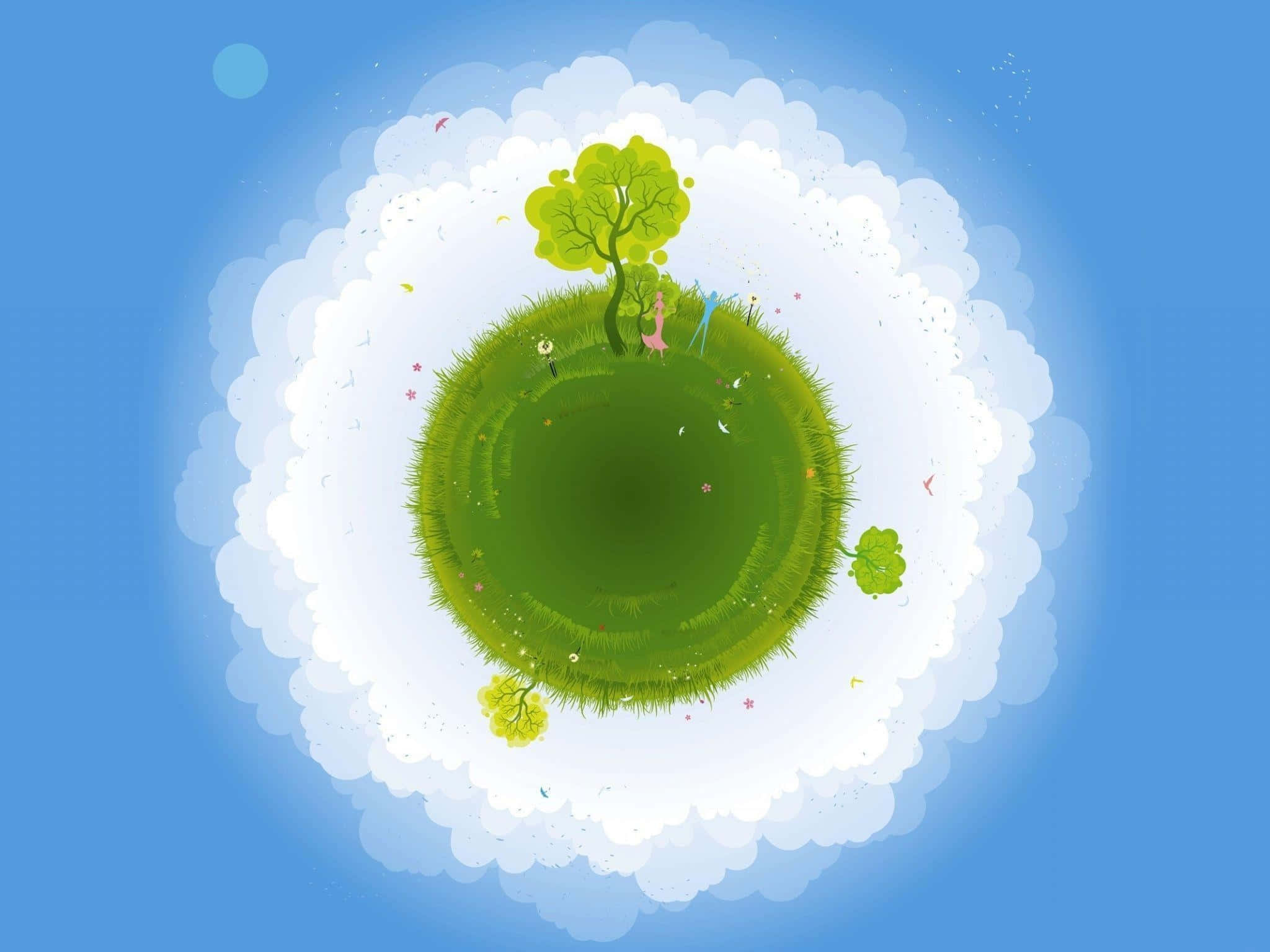 Harmony 桌布 壁紙 — 一個奇幻的綠色島嶼漂浮在蓬鬆的雲朵中，有一棵孤獨的樹和細小的花朵，在明亮的藍天下。