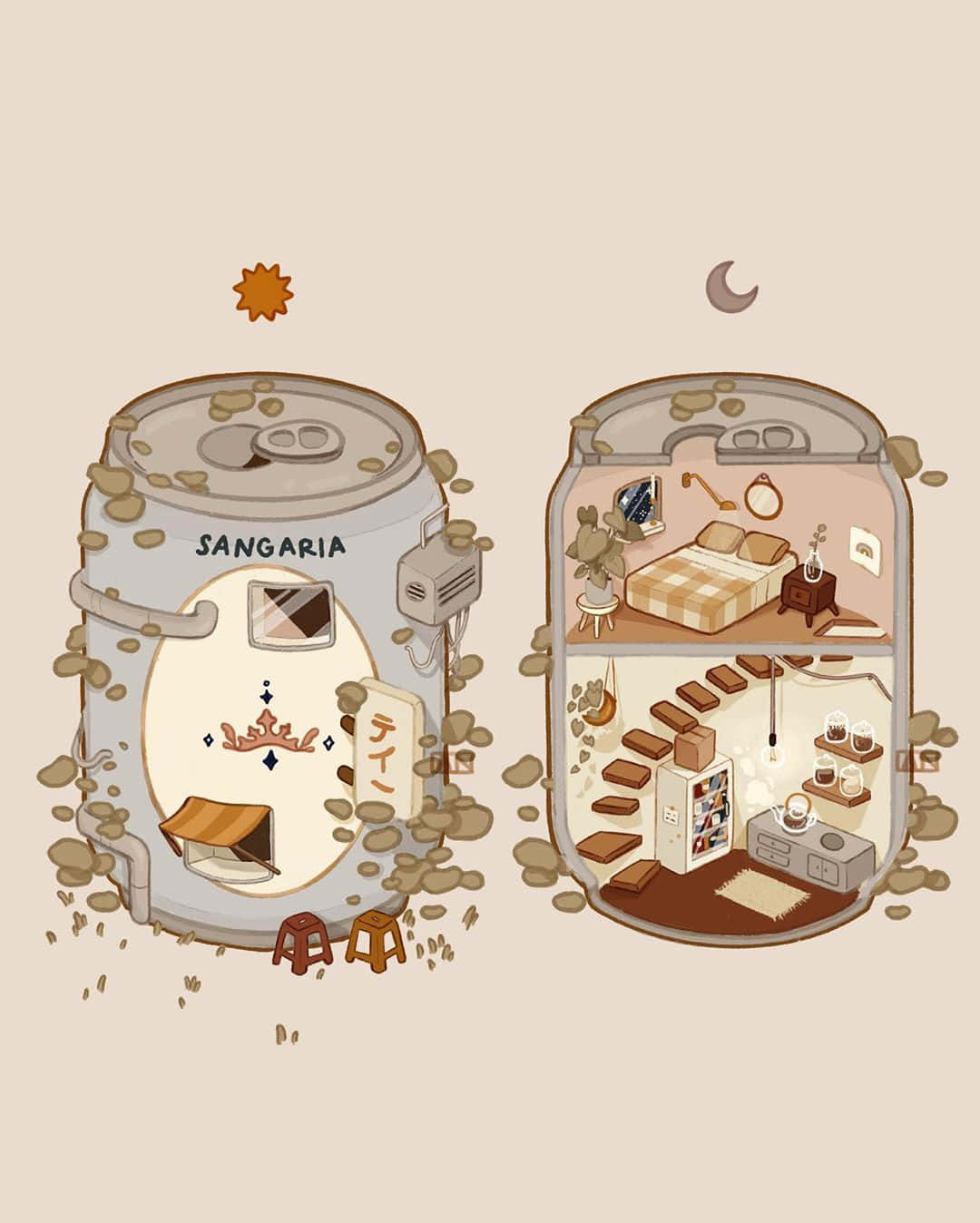 Cozy 桌布 壁紙 — 一個奇思妙想的插圖，將巨型汽水罐變成一個舒適的微型房屋，內有樓梯和家具。
