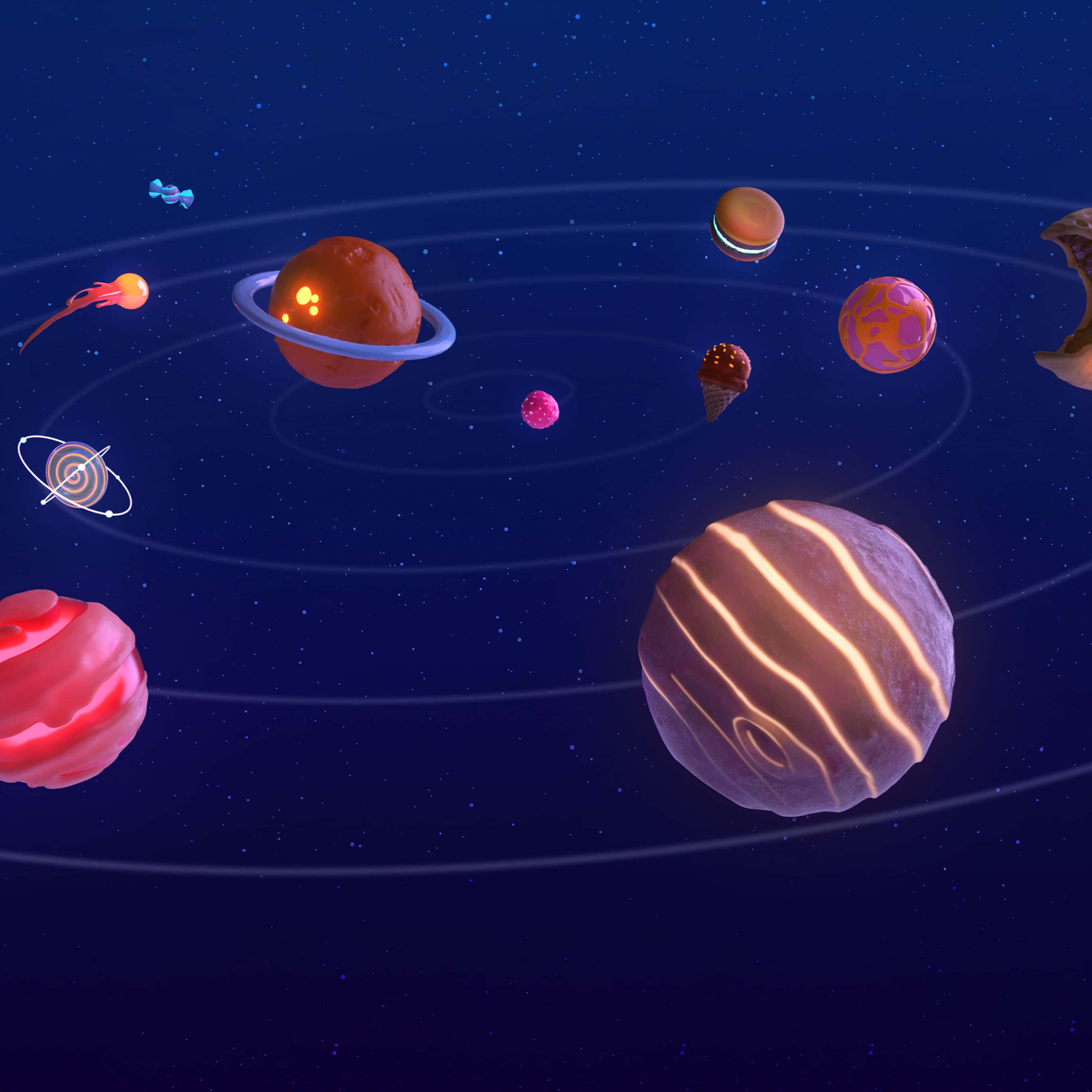 Cartoon Science 桌布 壁紙 — 一個奇特的數碼太陽系，行星形狀像甜品和糖果，漂浮在繁星點點的夜空。