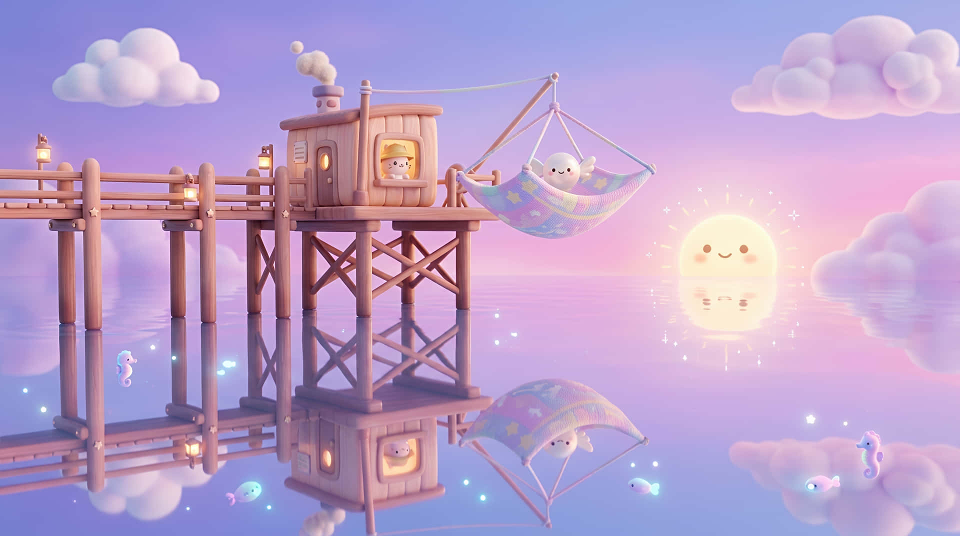 Whimsical Stilt House by the Dreamy Sea at Sunset 壁紙 — 一個奇特的木製碼頭漂浮在平靜的海洋上，天空是粉彩色的，有微笑的太陽和蓬鬆的雲朵。