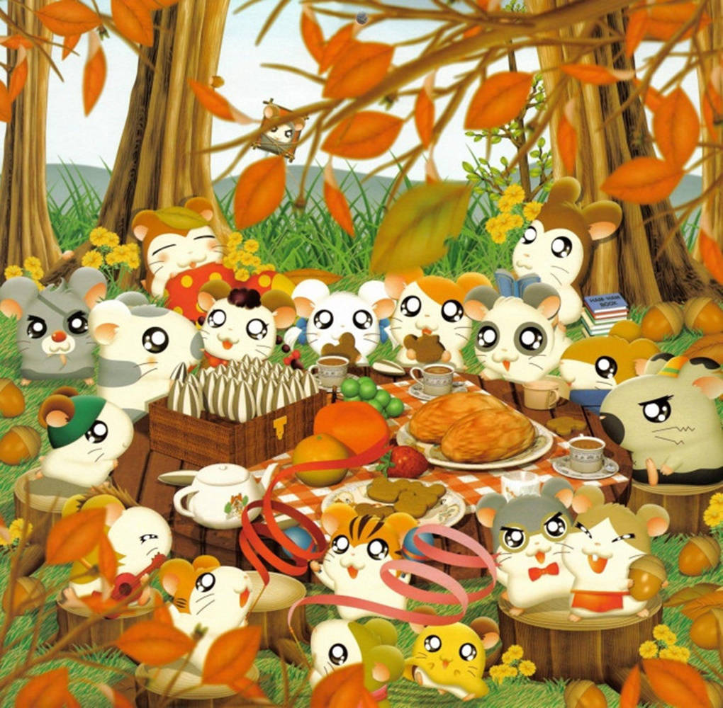 Hamtaro 桌布 壁紙 — 一個奇特的秋季野餐，卡通倉鼠聚集在一張擺滿食物的桌子周圍，頭頂有橙色落葉飄落。