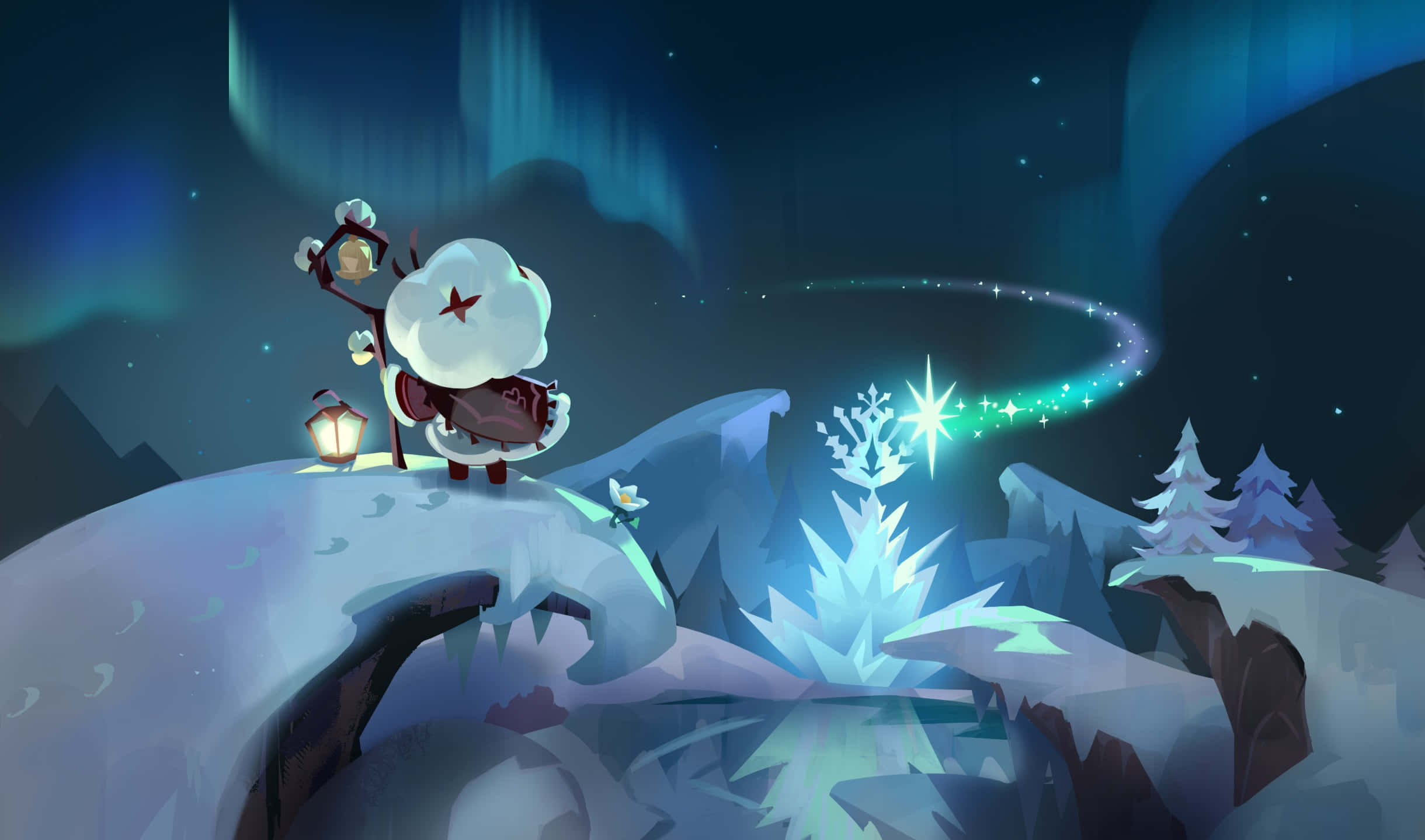2440x1440 桌布 壁紙 — 一個奇特的雪人提著燈籠，站在白雪覆蓋的懸崖上，下方是閃爍的北極光和星空。