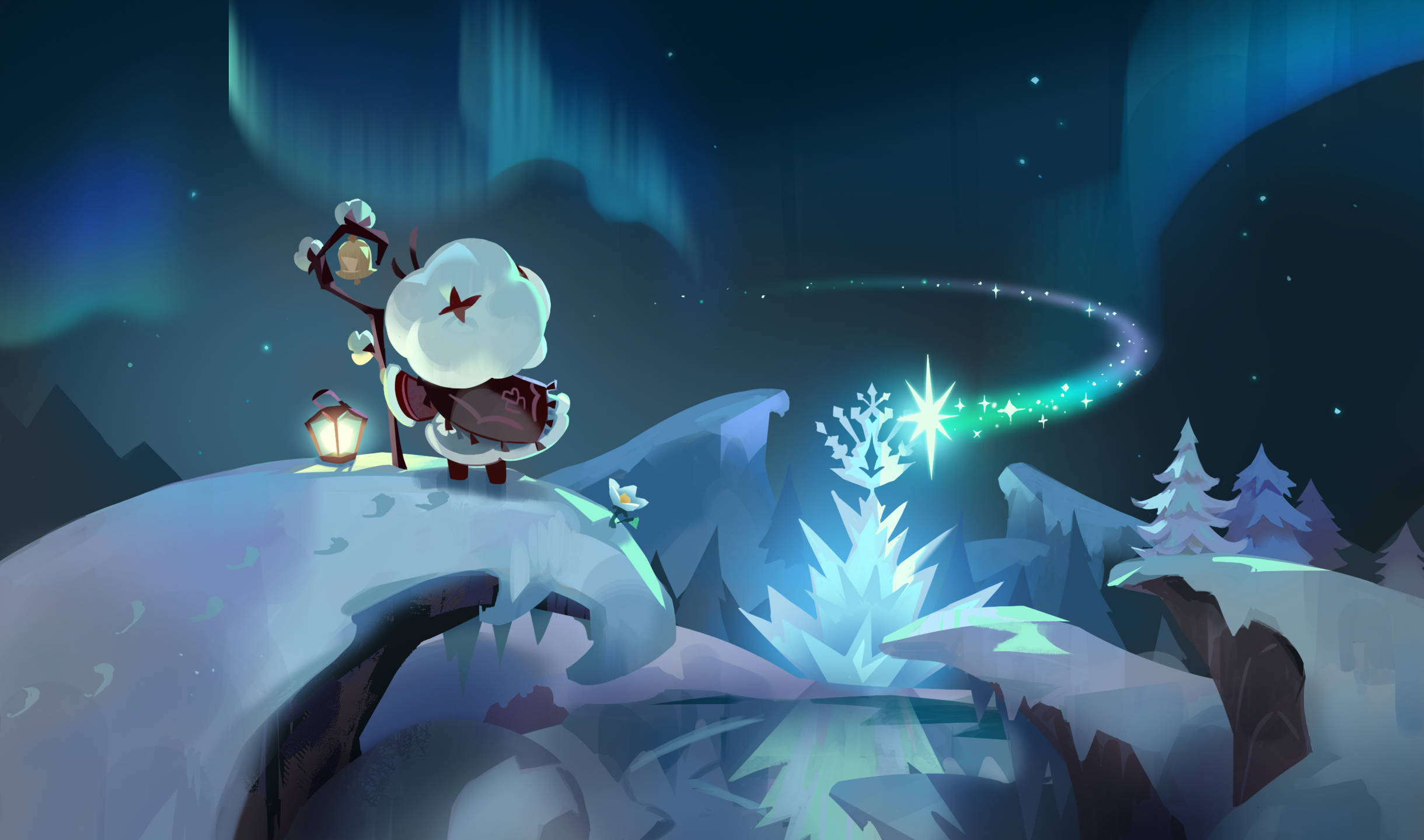 Cookie Run Cotton Cookie 2440x1440 壁紙 — 一個奇特的雪人提著燈籠，站在白雪覆蓋的懸崖上，下方是閃爍的極光和一棵閃閃發光的魔法樹。