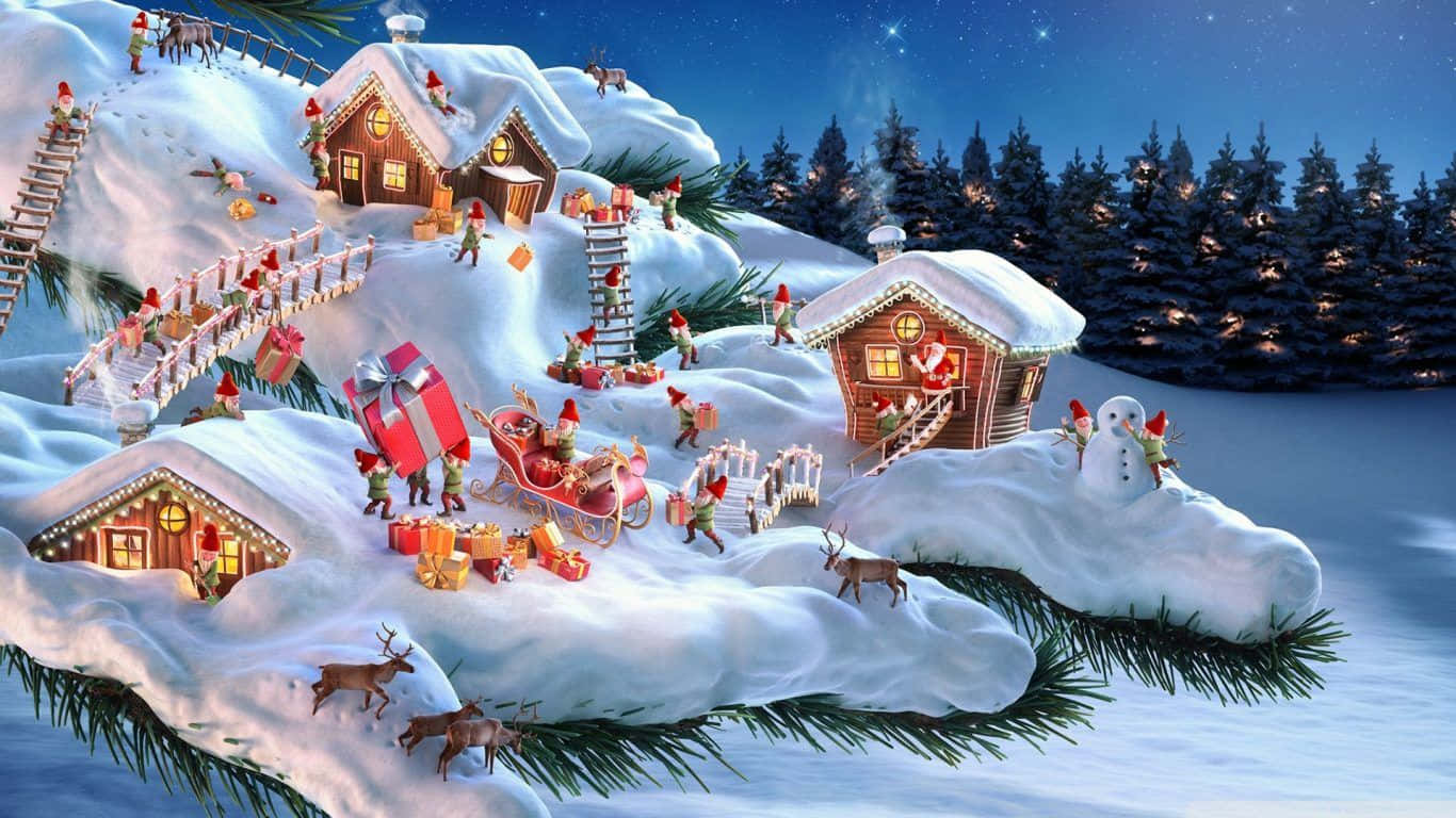 Santa Claus 桌布 壁紙 — 一個奇特的雪夜村莊，精靈們在雪橇上運送禮物，周圍環繞著松樹和雪人。