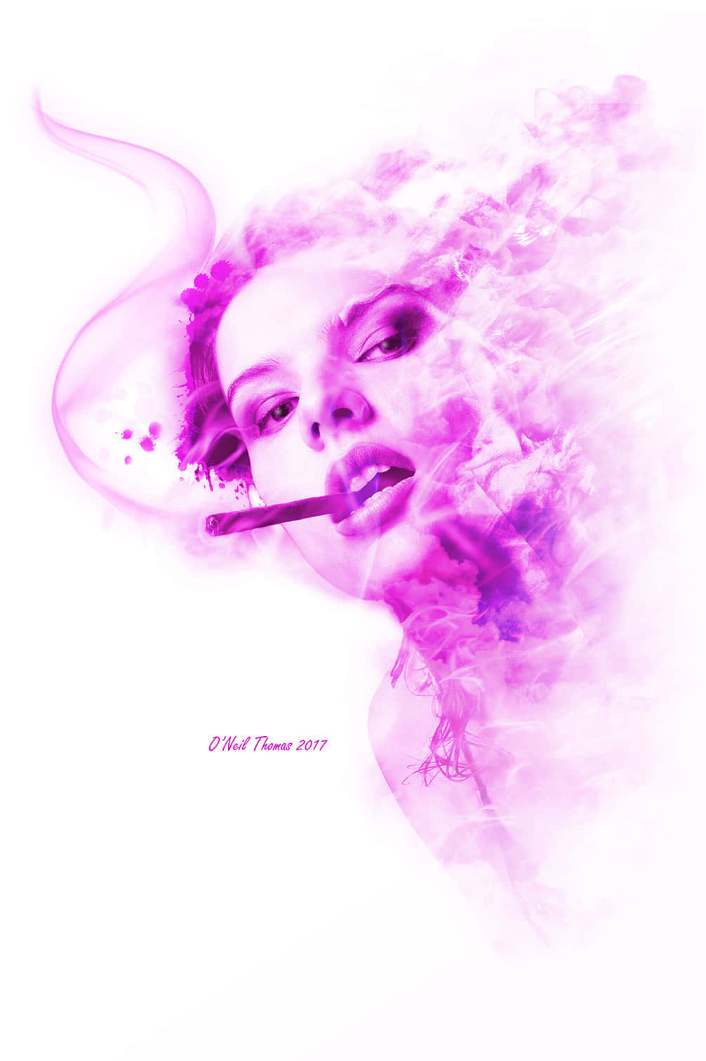 Purple Haze 桌布 壁紙 — 一個女人的臉從旋轉的紫色煙霧中浮現，她正在抽煙，背景是純白色。