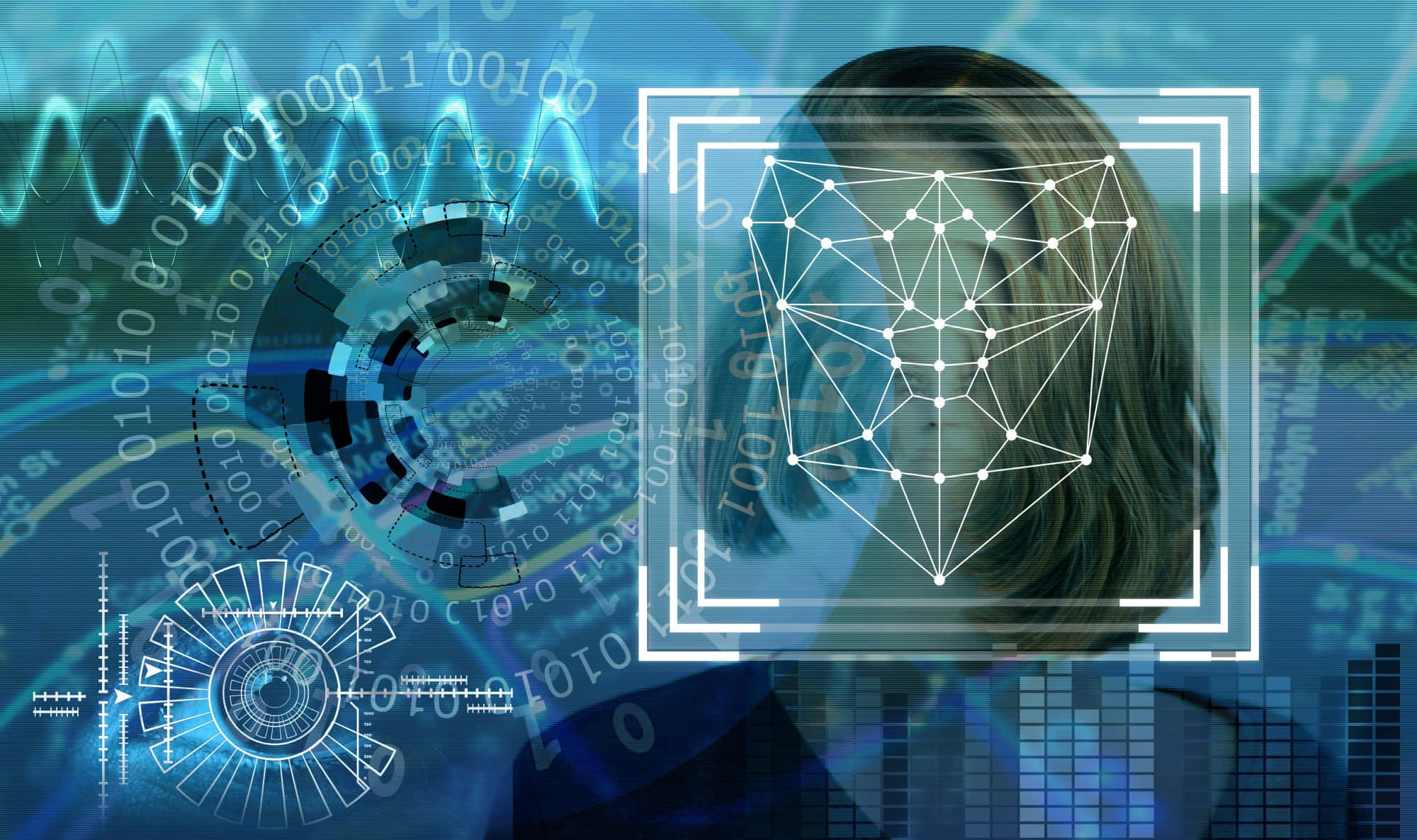 Face Recognition 桌布 壁紙 — 一個女人的臉被一個覆蓋著二進制代碼和發光藍色科技圖形的未來數位網格掃描。