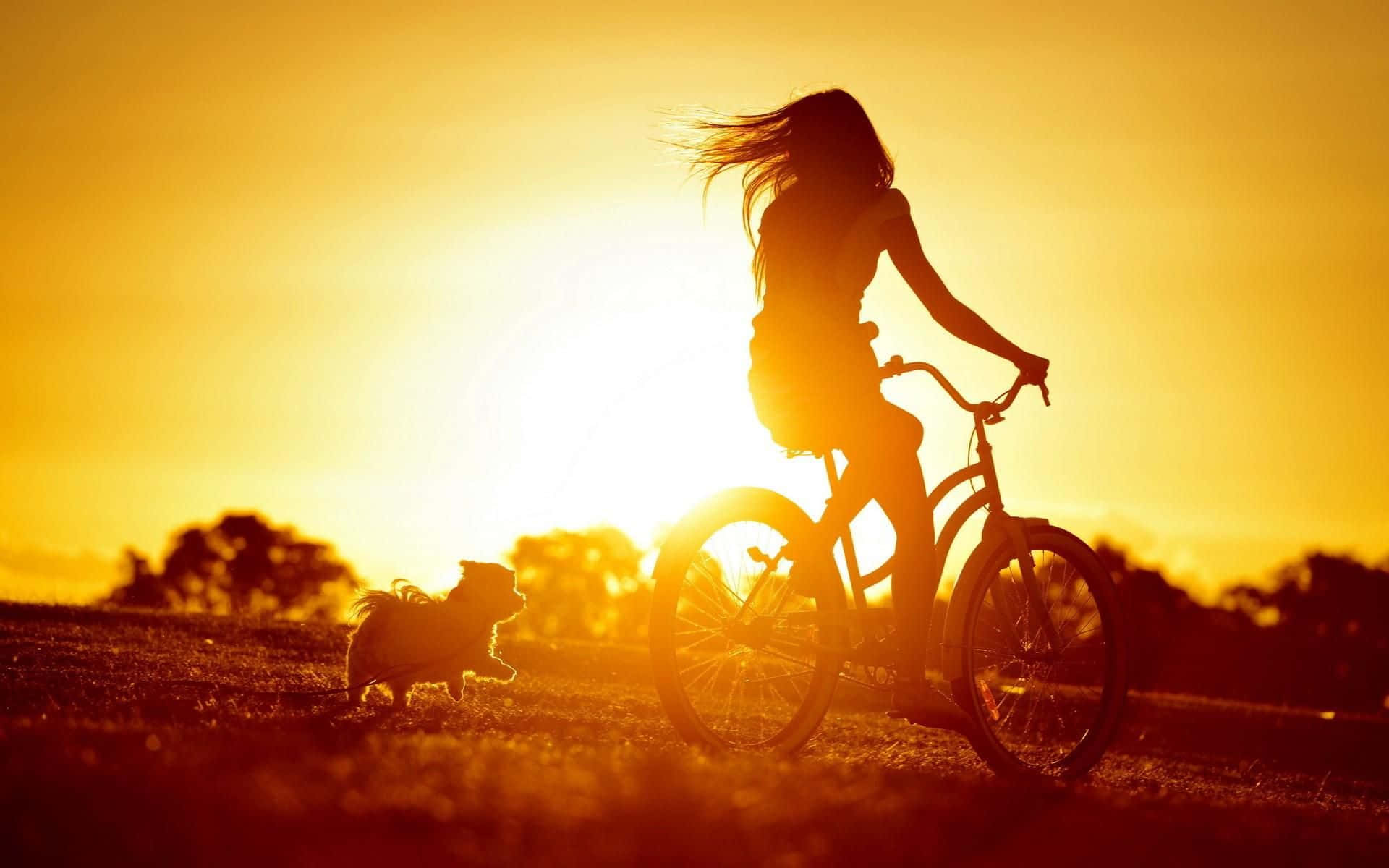 Contentment 桌布 壁紙 — 一個女人騎著單車，一隻小狗在她旁邊奔跑，背景是金色的日落天空的剪影。