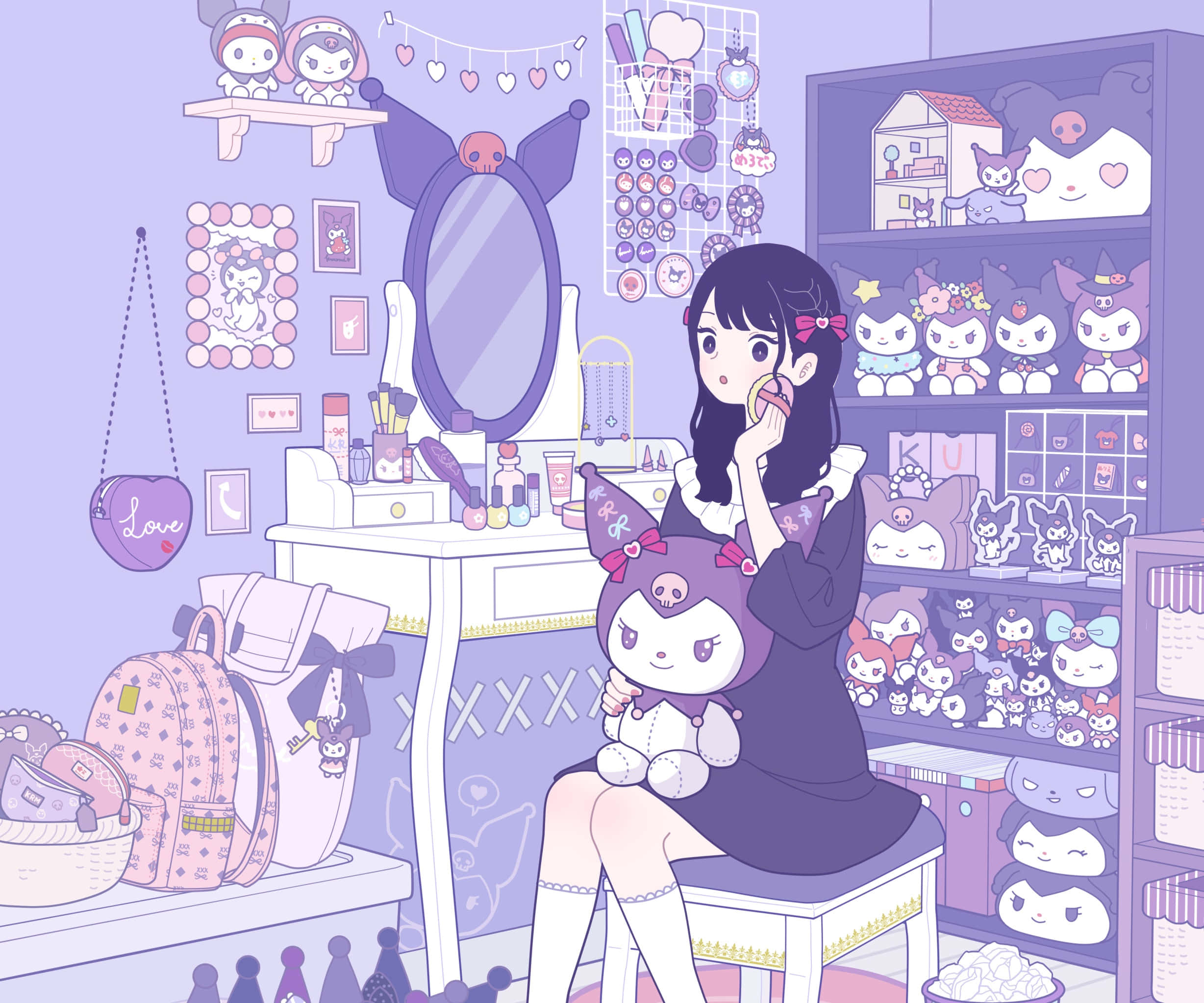 Kuromi Fanart 桌布 壁紙 — 一個女孩在充滿Kuromi毛公仔和化妝品的紫色房間裏，一邊化妝一邊抱着Kuromi公仔。