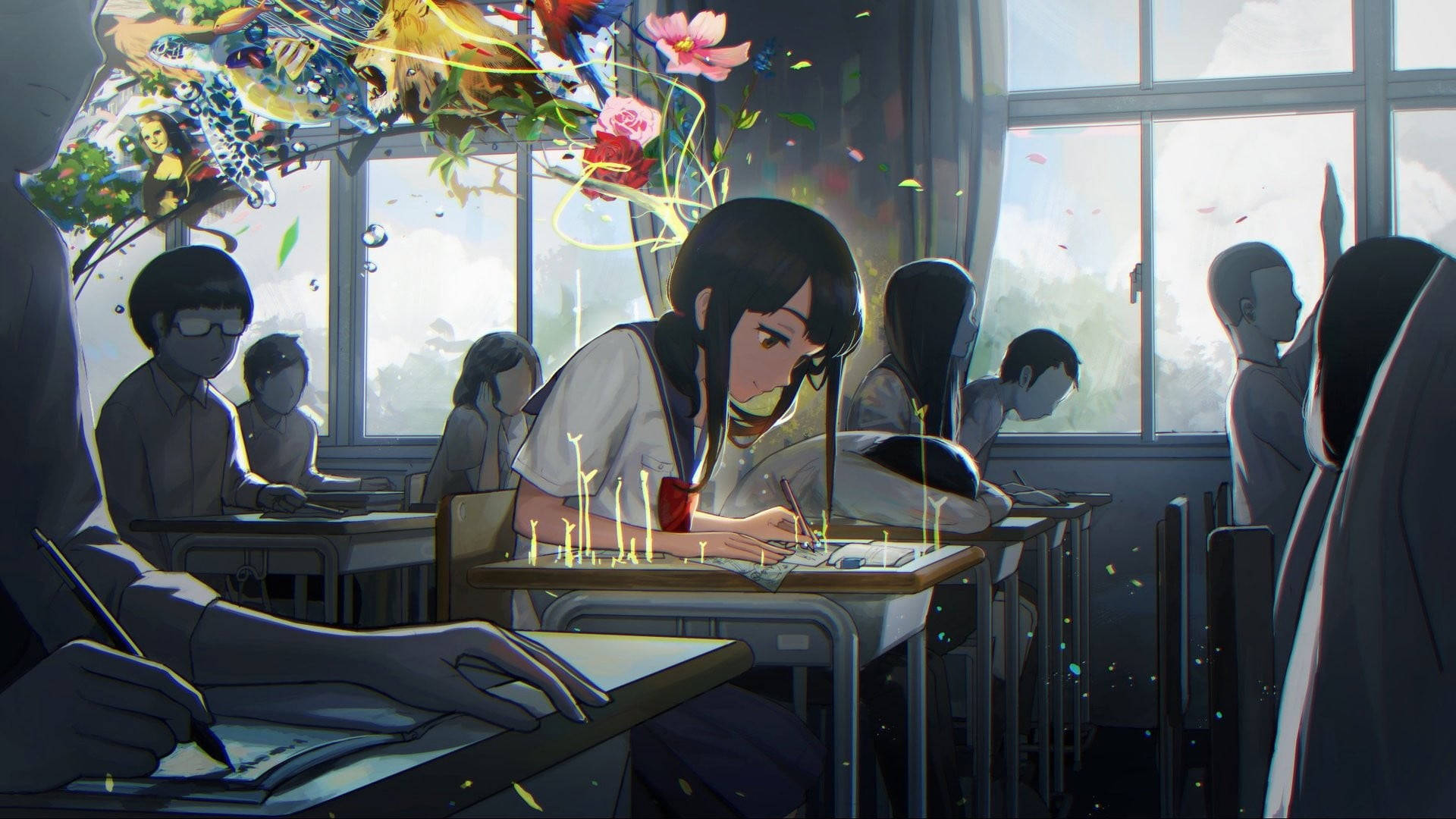 學校 桌布 壁紙 — 一個女孩在課室寫字，奇幻生物和花朵從她的書桌爆出，形成超現實的動畫場景。