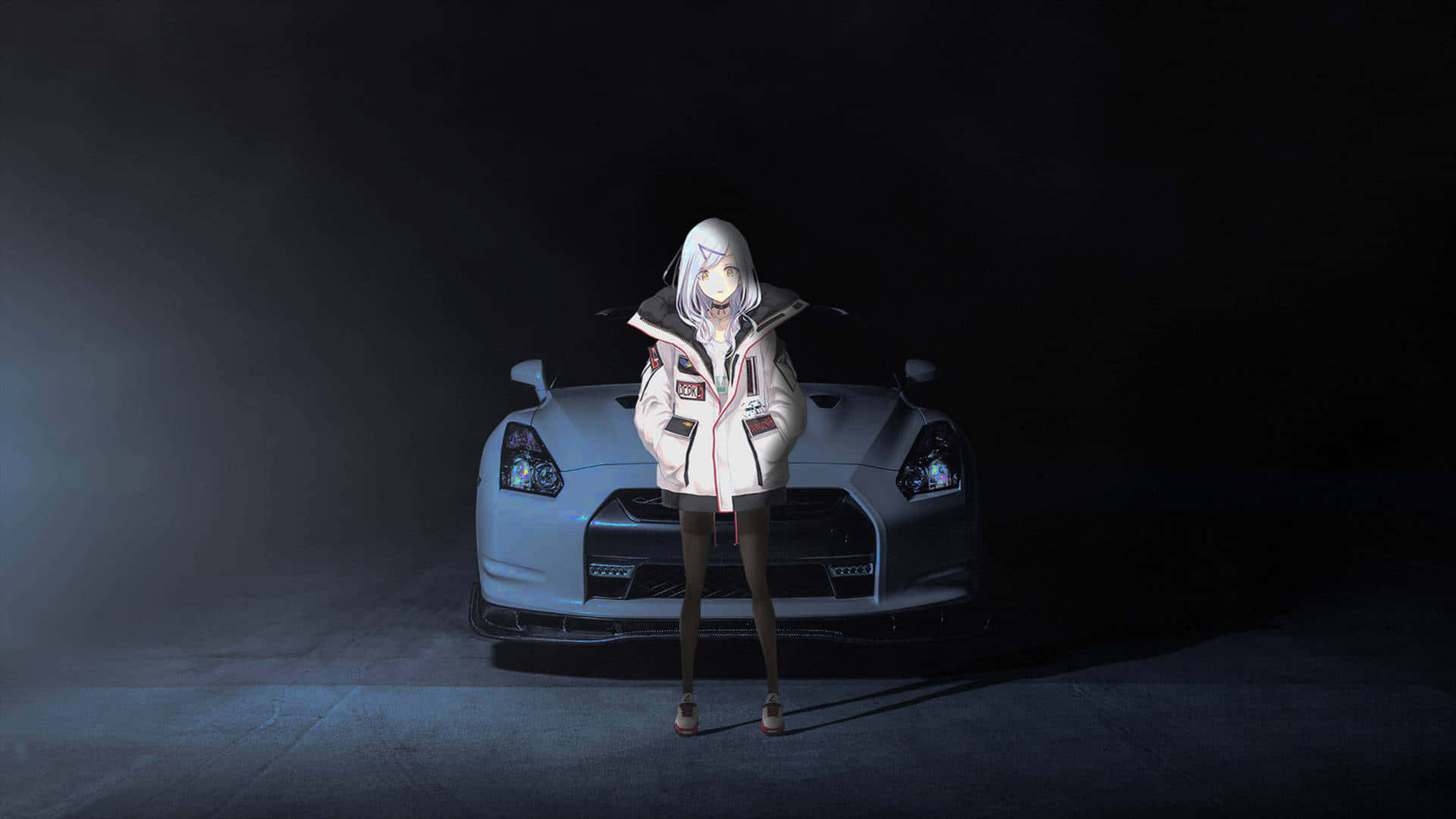 一個女孩在黑暗中站在白色汽車旁邊 壁紙