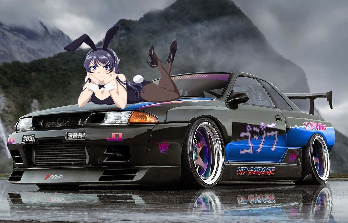 一個女孩坐在一輛有兔子的車上 壁紙