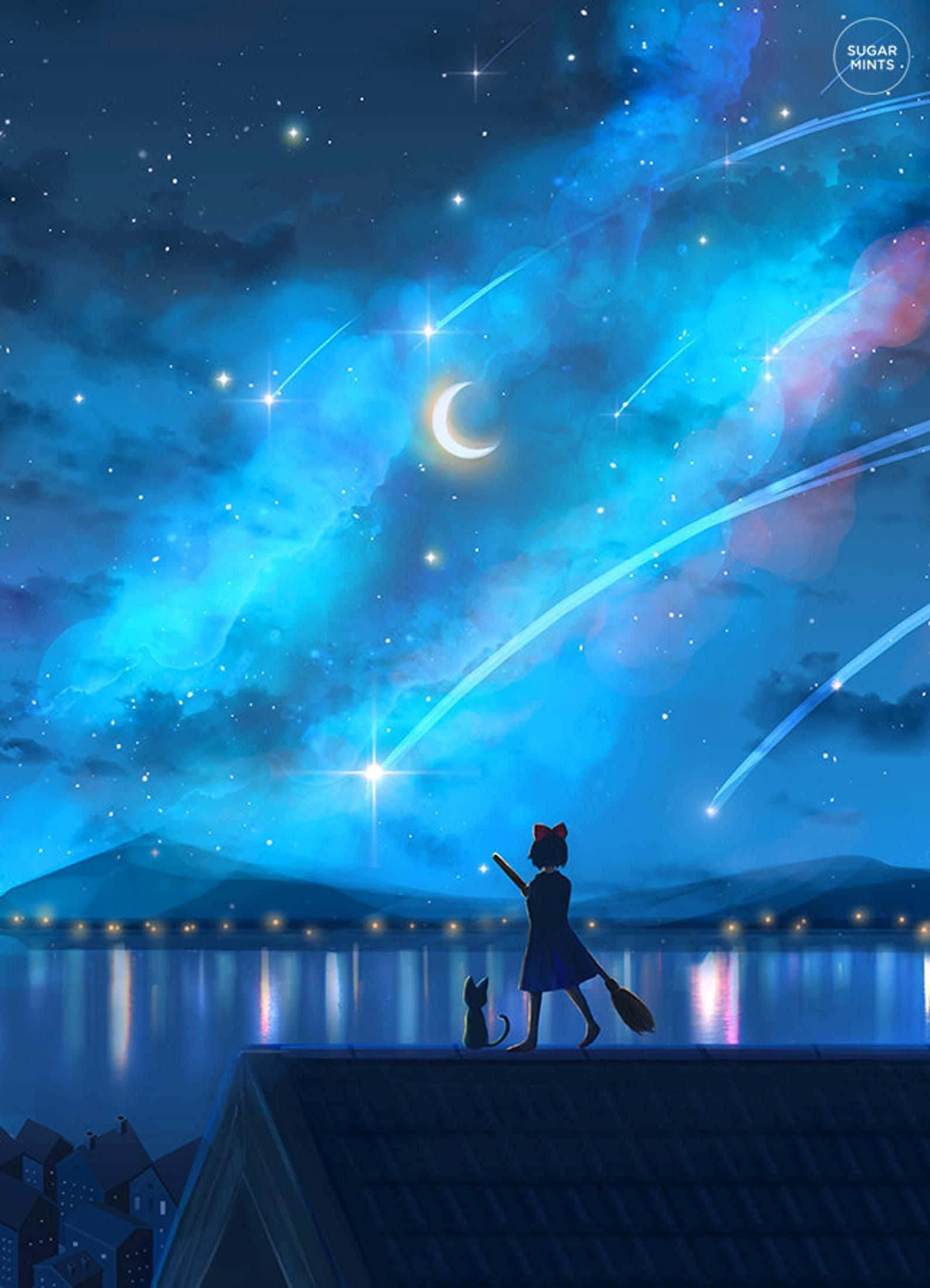 Jiji Cat 桌布 壁紙 — 一個女孩帶著掃帚和貓，凝視著夜空中反射湖面上方充滿流星和新月的鮮豔藍色星空。