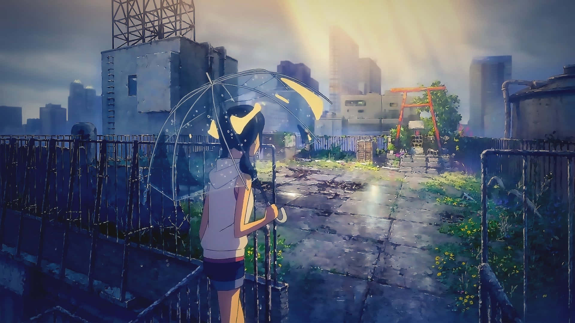 Weathering With You 桌布 壁紙 — 一個女孩拿著透明雨傘，站在下雨的屋頂上，俯瞰遠處有神社的迷霧城市景觀。