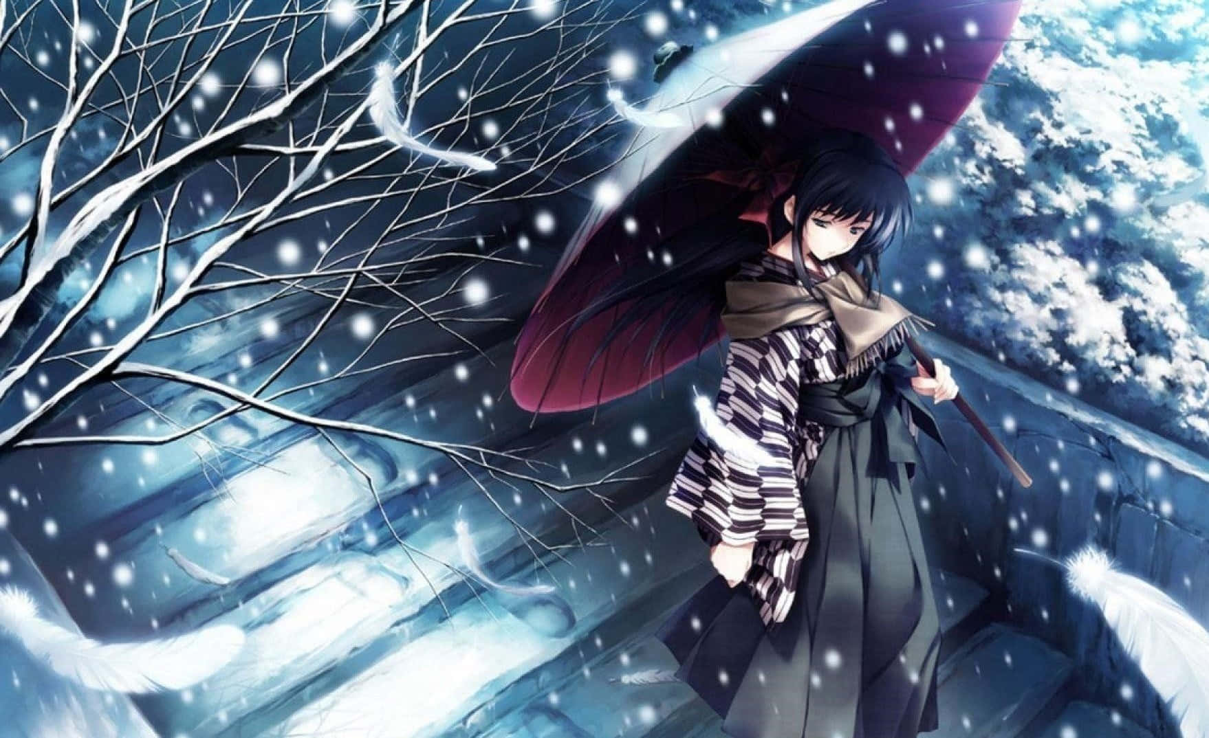 深色頭髮的動漫女孩，在雪景冬季場景中，光禿禿的樹旁，拿著紅傘。