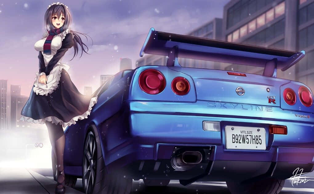 一個女孩站在一輛藍色車旁邊 壁紙