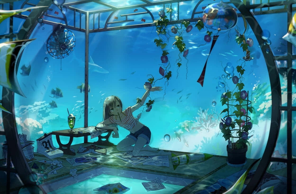 Aquarium 桌布 壁紙 — 一個女孩跪在水下玻璃穹頂內，伸手觸摸漂浮的植物，魚兒在鮮豔的藍光中游過。