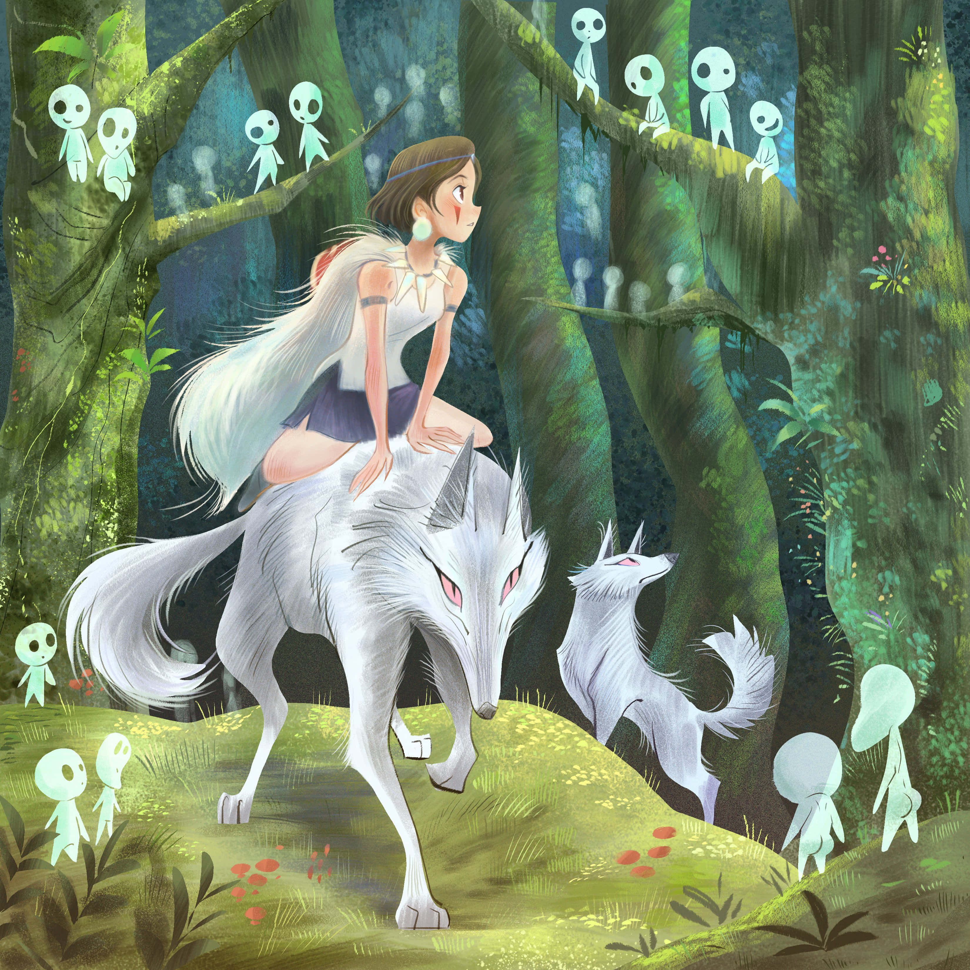 Wolf In Forest 桌布 壁紙 — 一個女孩騎著一隻白狐穿過神秘的森林，發光的精靈孩子們從樹枝和地面上觀看。