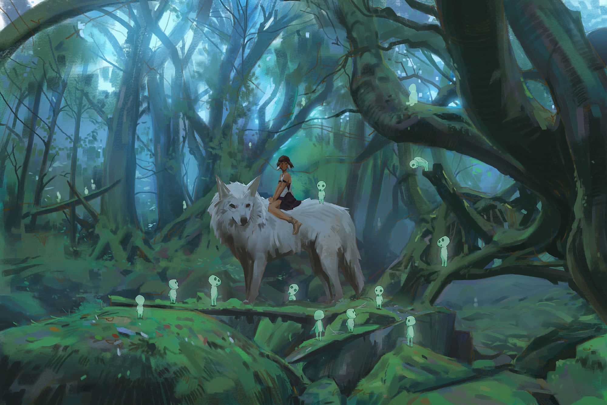 Wolf In Forest 桌布 壁紙 — 一個女孩騎著一頭白狼穿過迷霧籠罩的魔法森林，下方發光的幽靈身影在觀看。
