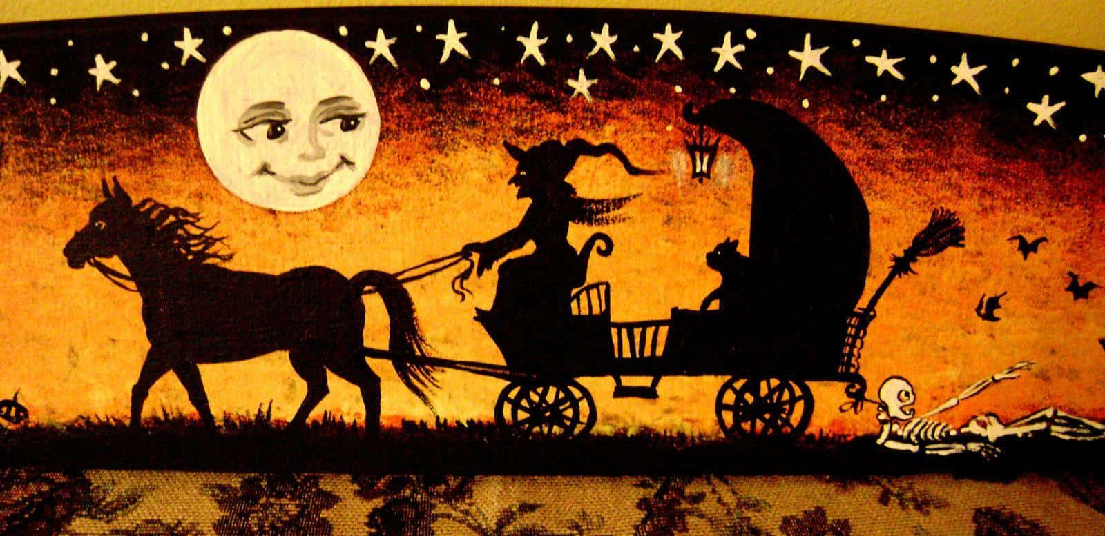 Spooky Art 桌布 壁紙 — 一個女巫喺微笑嘅月亮同星星下騎住馬車，附近有個骷髏骨喺度休息。