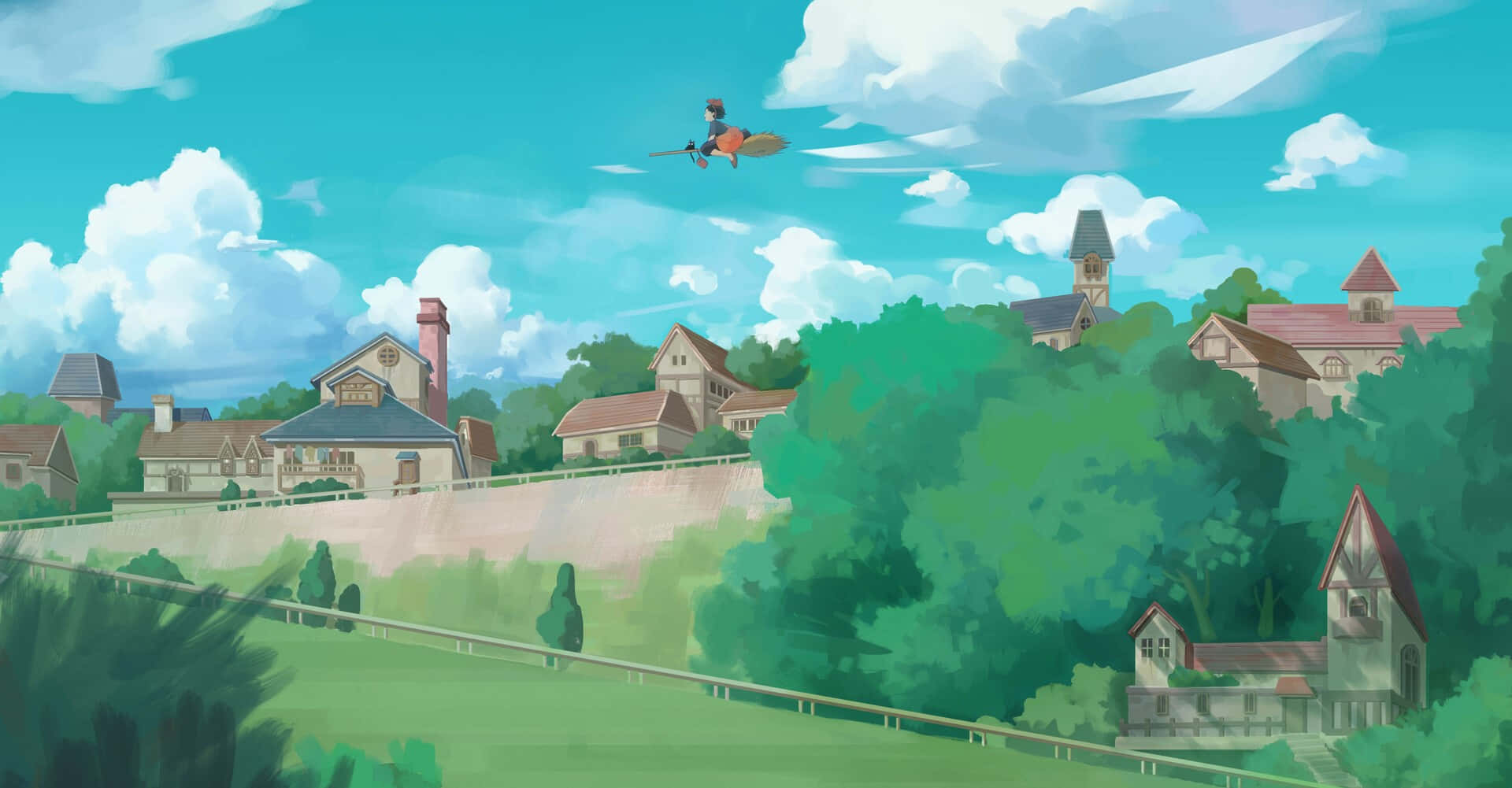 kiki's delivery service 桌布 壁紙 — 一個女巫騎著掃帚飛過一個坐落在青翠山丘中的古雅村莊，天空湛藍明亮。