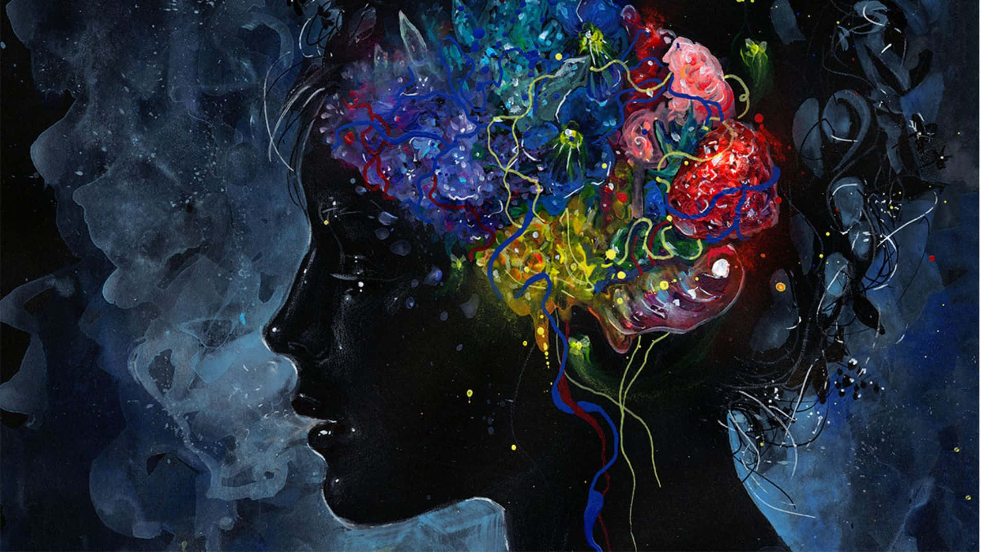 innovation 桌布 壁紙 — 一個女性側面的深色剪影，伴隨著從她頭部迸發出的鮮豔多彩抽象花朵和漩渦線條，背景是煙霧繚繞的宇宙。