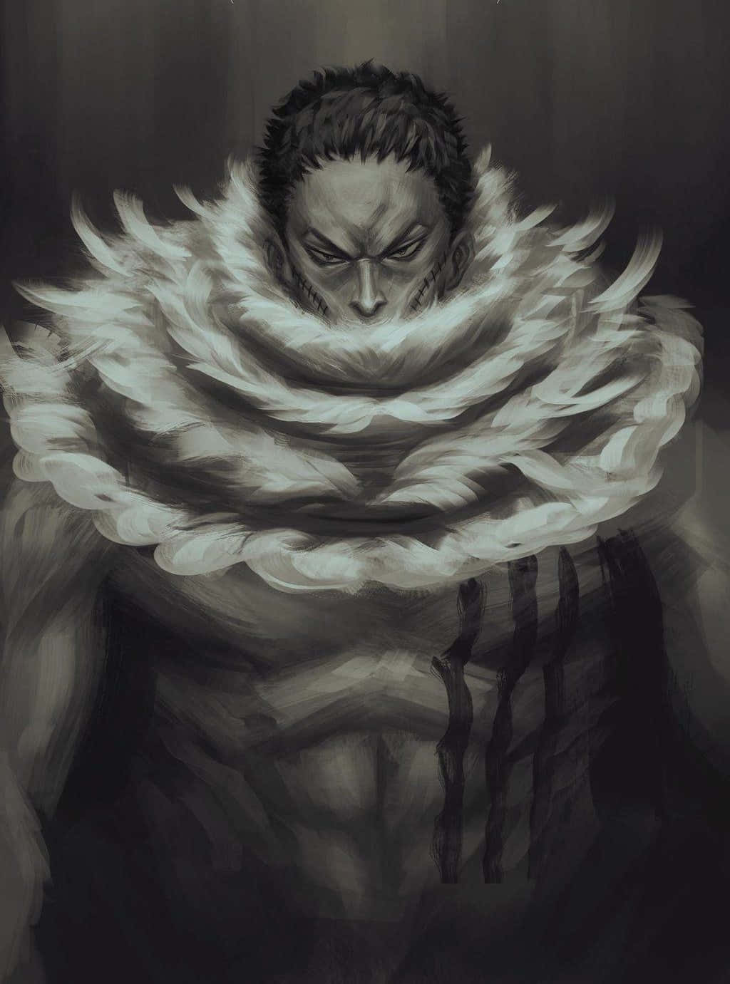 Charlotte Katakuri 桌布 壁紙 — 一個威嚇性的動漫戰士，披著毛皮襯裡的斗篷，表情嚴厲，在黑暗單色場景中向下凝視。