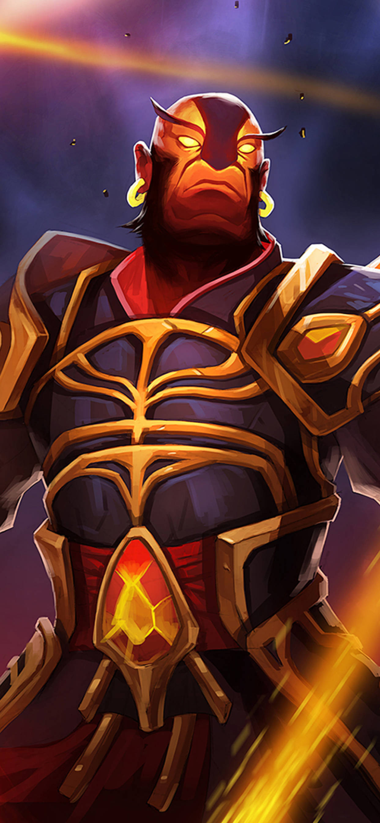 dota 2 iPhone 桌布 壁紙 — 一個威嚇性的有角惡魔戰士穿著華麗的金色盔甲，在宇宙紫色和橙色背景下用發光的眼睛凝視。