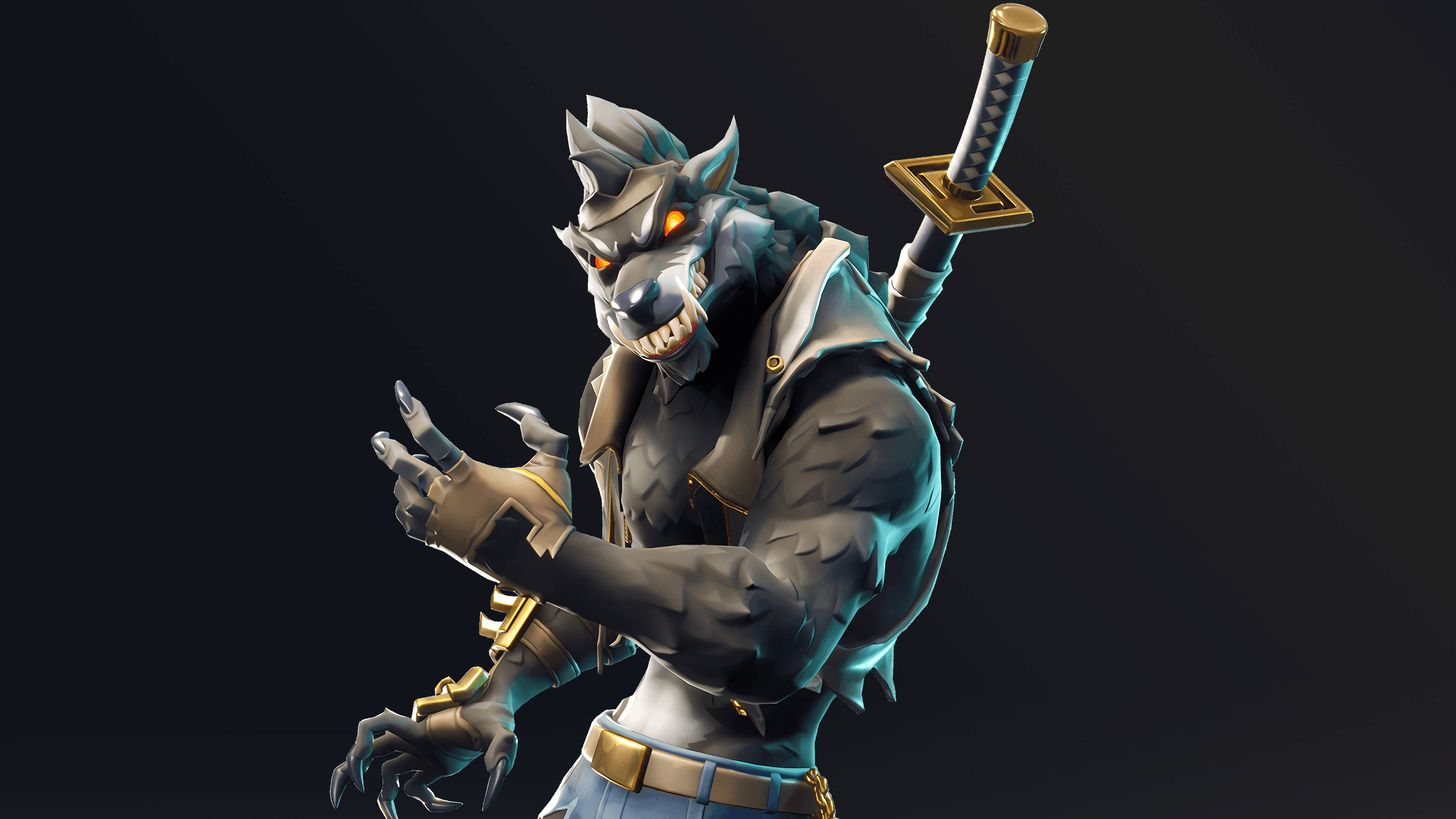 Fortnite 桌布 壁紙 — 一個威嚇性的狼頭戰士，擁有發光的橙色眼睛和背上的武士刀，站在黑暗的攝影棚環境中。