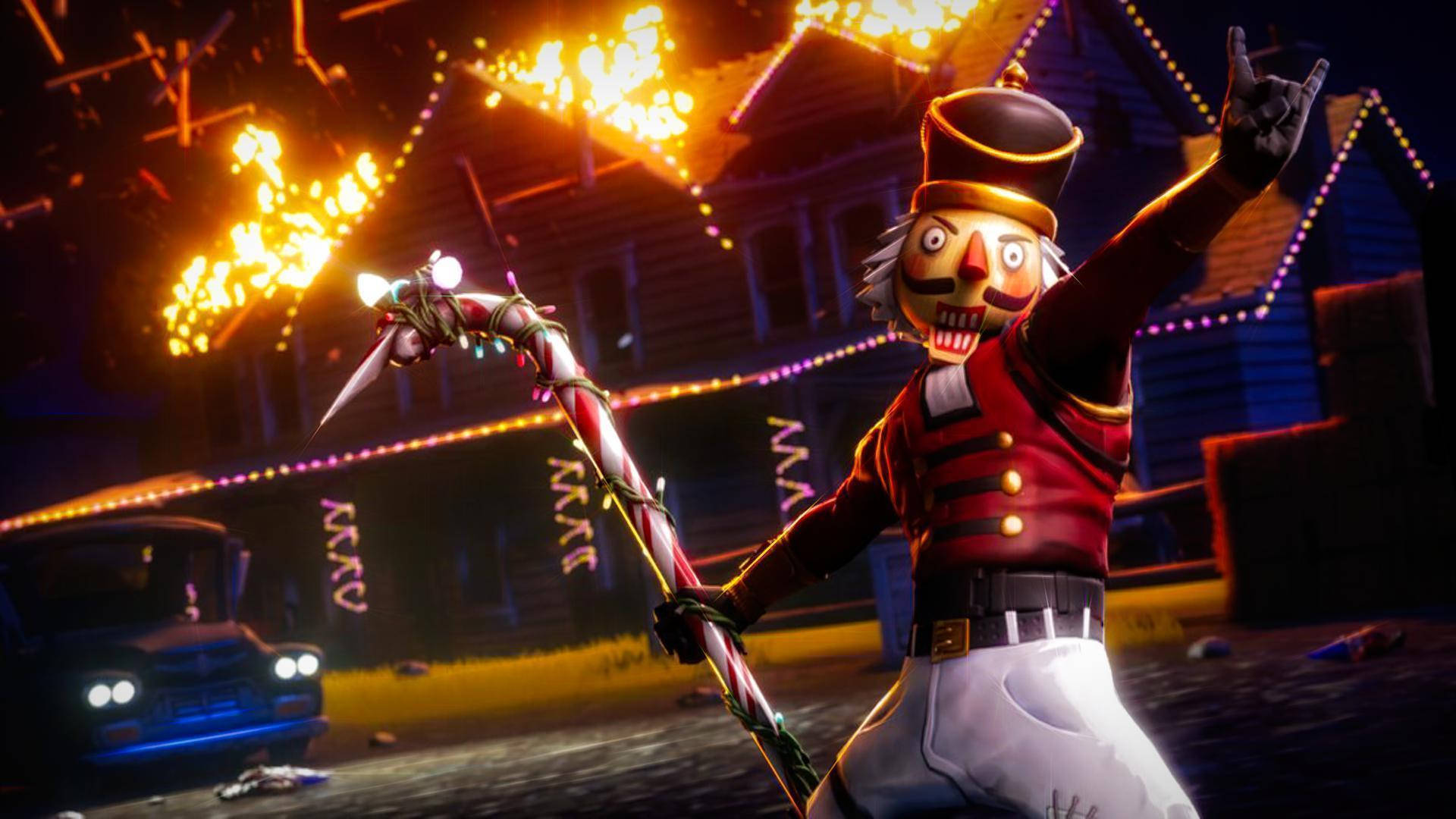 Fortnite 造型 桌布 壁紙 — 一個威嚇性的胡桃夾子士兵手持拐杖糖武器，在一個熾熱的城市夜景中勝利地站立，周圍有發光的燈串和一輛被毀的汽車。