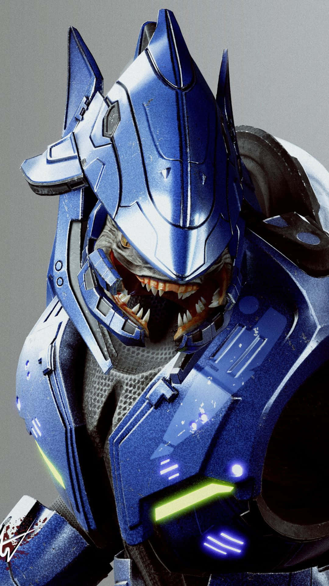 Sangheili 桌布 壁紙 — 一個威嚇性的藍色裝甲戰士，有著咆哮的狼臉和發光的綠色點綴，正強烈地凝視著。