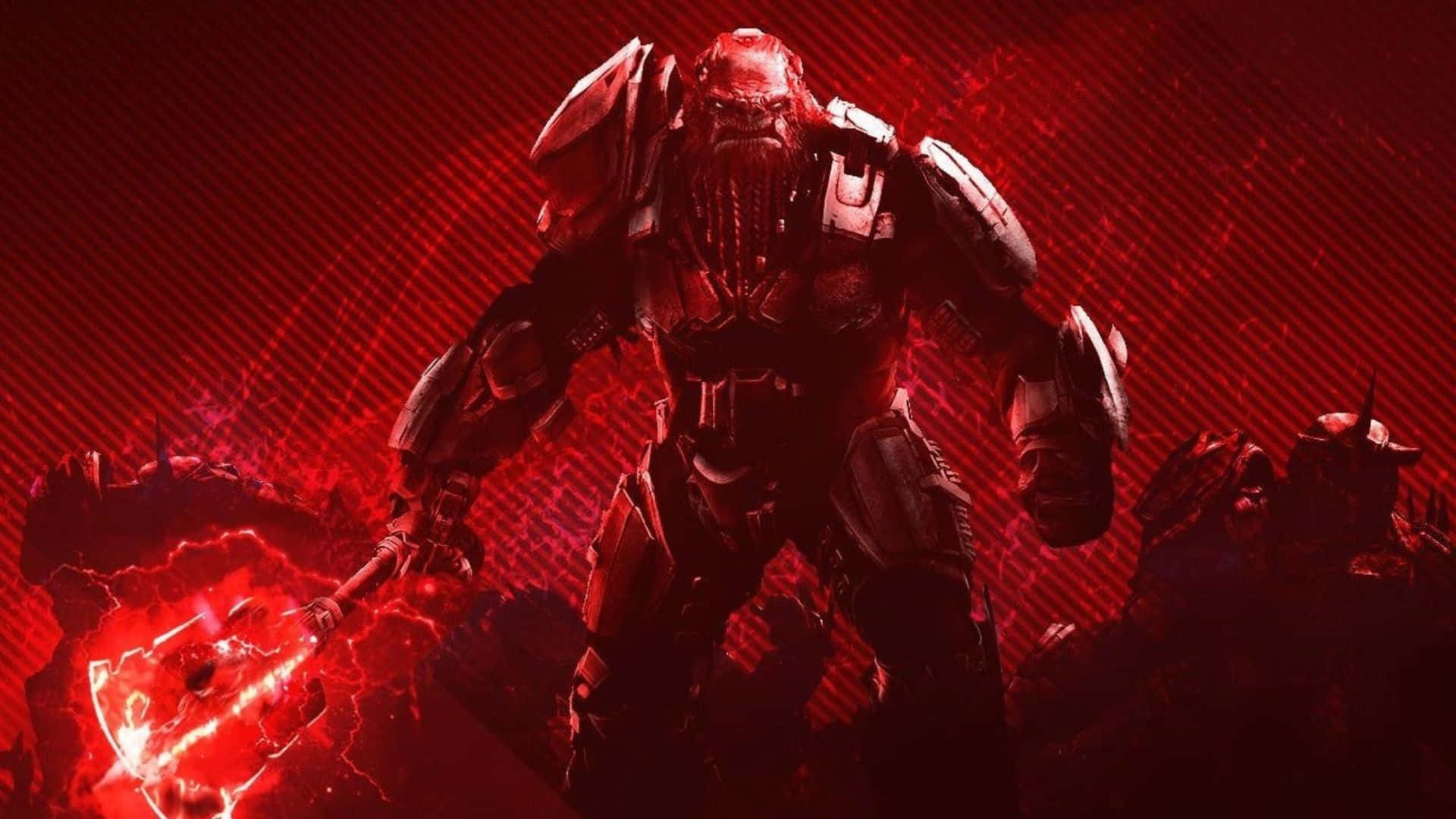 Atriox 桌布 壁紙 — 一個威嚇性的裝甲戰士手持發光的紅色斧頭，站在火紅條紋背景前。