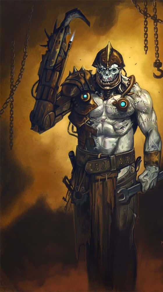 Masters Of Evil 桌布 壁紙 — 一個威嚇性的裝甲骷髏戰士，擁有發光的藍色眼睛，在煙霧繚繞的金色背景下揮舞著帶刺狼牙棒。