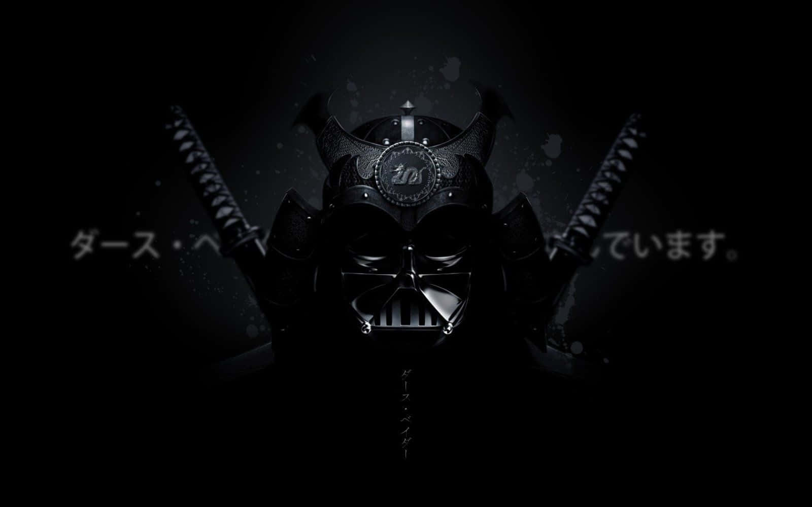 Black And White Samurai 桌布 壁紙 — 一個威嚇性的黑武士頭盔與武士兜融合，兩側交叉著武士刀，背景為深色並帶有日文字。