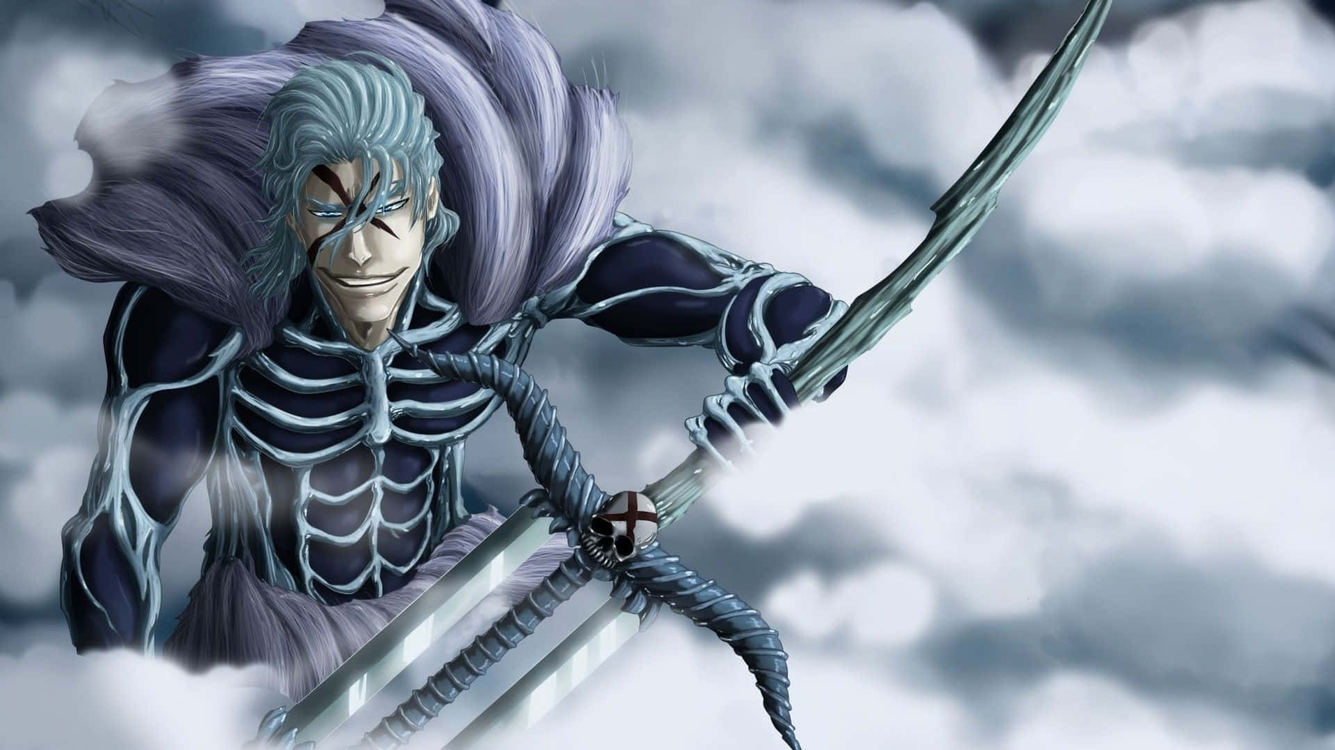 Grimmjow Jaegerjaquez 桌布 壁紙 — 一個威嚇的動漫戰士，銀色頭髮和骷髏盔甲，在暴風雨雲層背景下揮舞著彎曲的劍。
