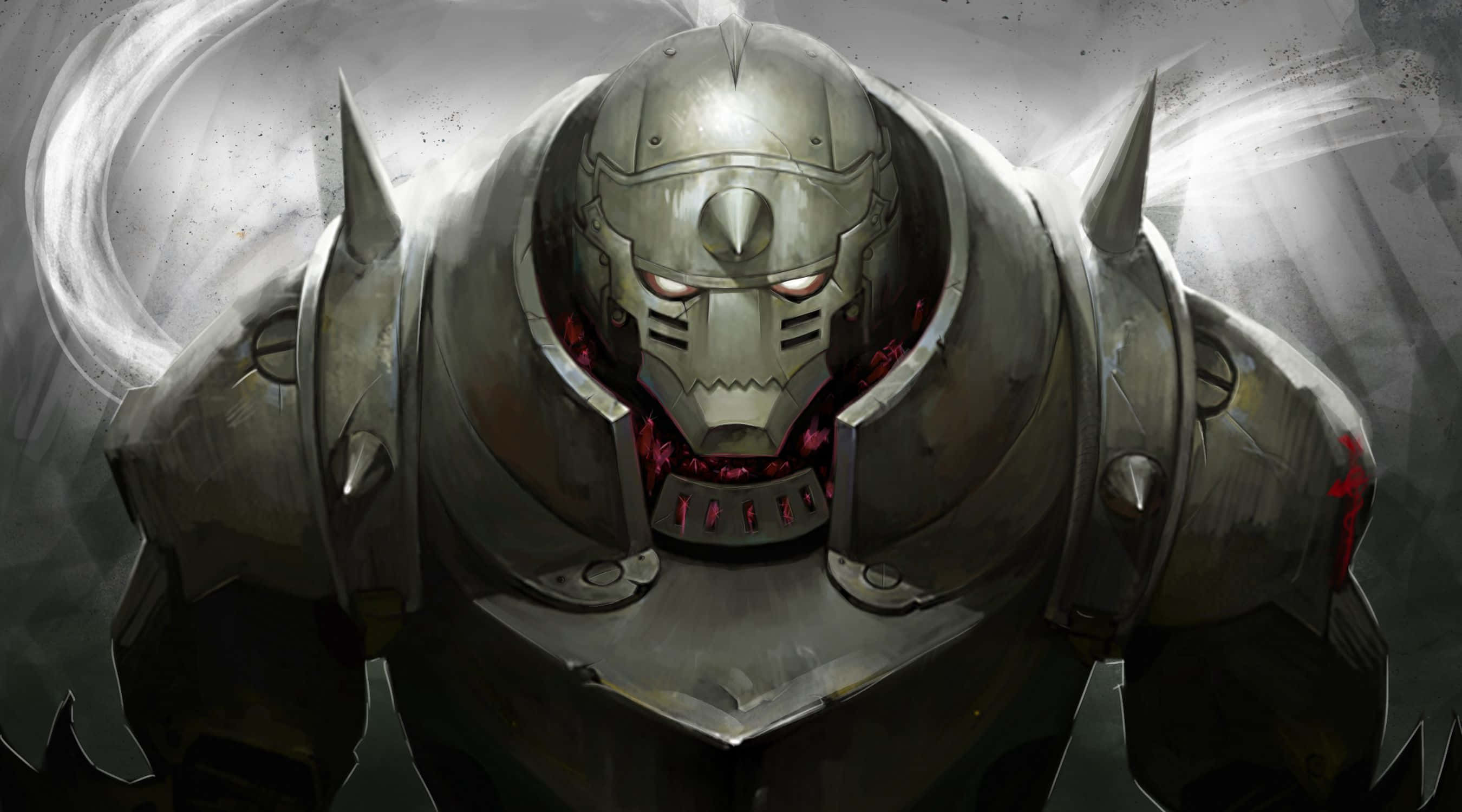 Alphonse Elric 桌布 壁紙 — 一個威嚇的裝甲騎士，擁有發光的紅色眼睛和帶刺的頭盔，聳立在旋轉的灰色背景上。