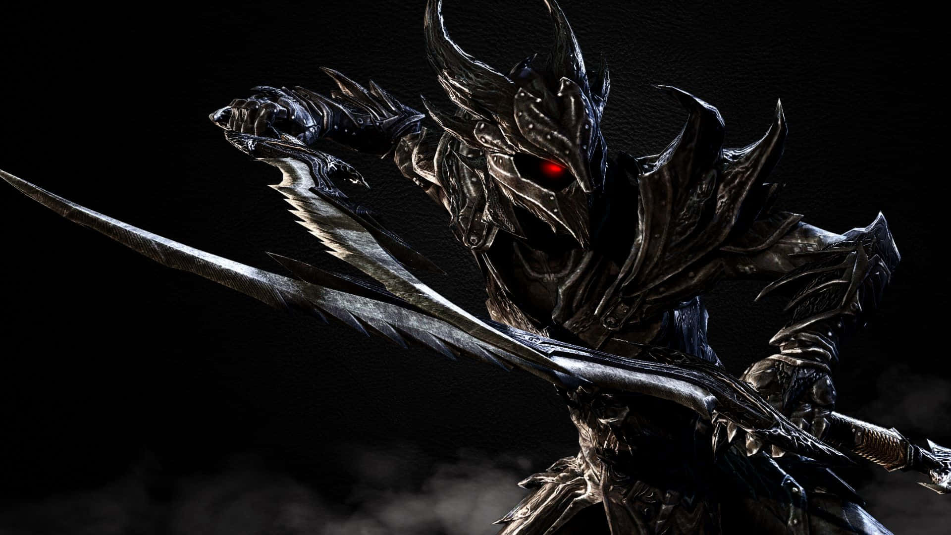 Skyrim Daedric 桌布 壁紙 — 一個威嚇的黑暗騎士，擁有發光的紅色眼睛和華麗的盔甲，在黑色背景前揮舞長劍。