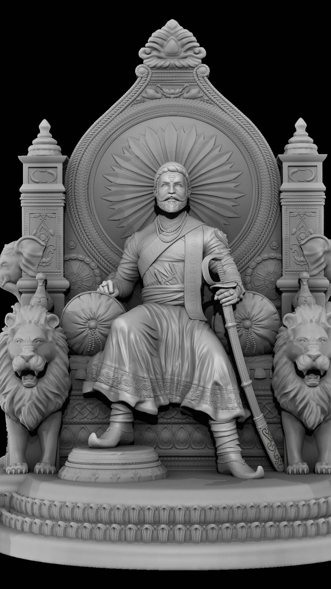 shivaji maharaj HD 桌布 壁紙 — 一個威嚴的3D渲染雕像，描繪一位鬍鬚國王坐在華麗的王座上，兩側有兩隻獅子手持劍。