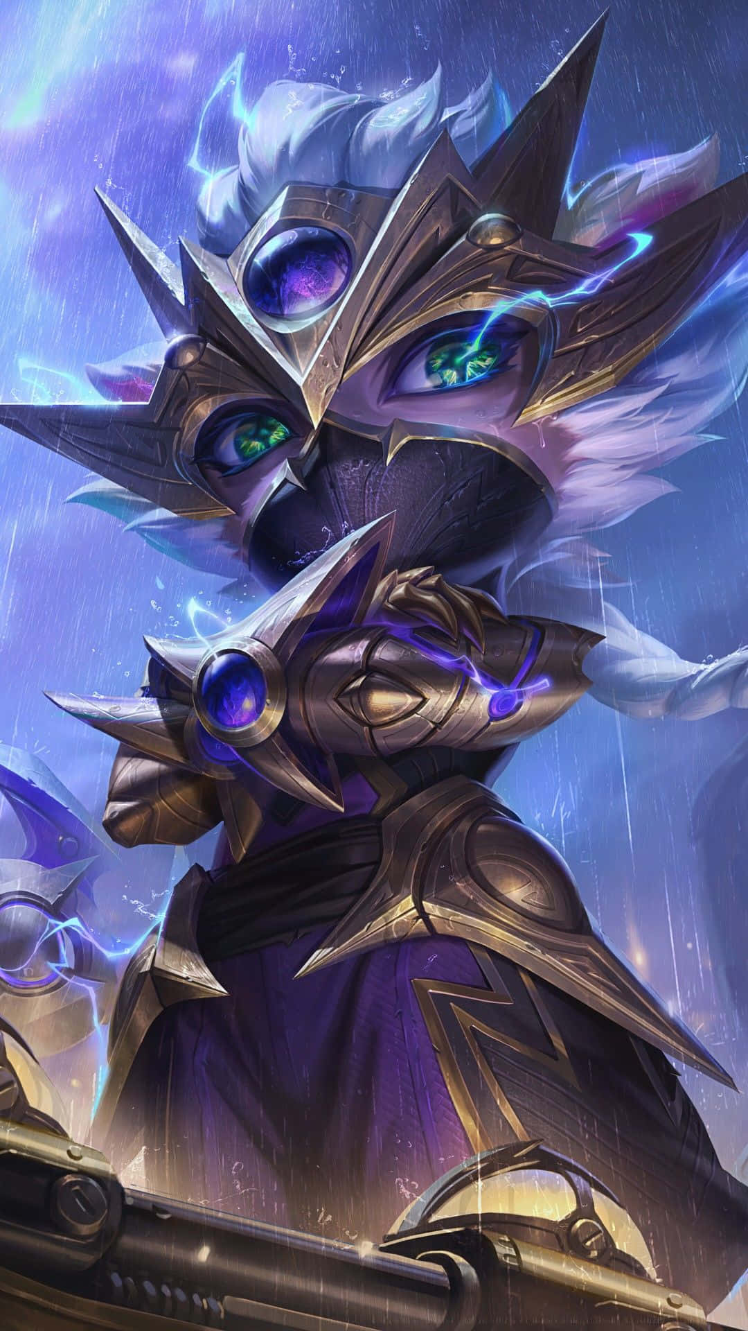 Esports 桌布 壁紙 — 一個威嚴的裝甲奇幻角色，擁有發光的眼睛和閃電效果，站在暴風雨般的電藍色環境中。