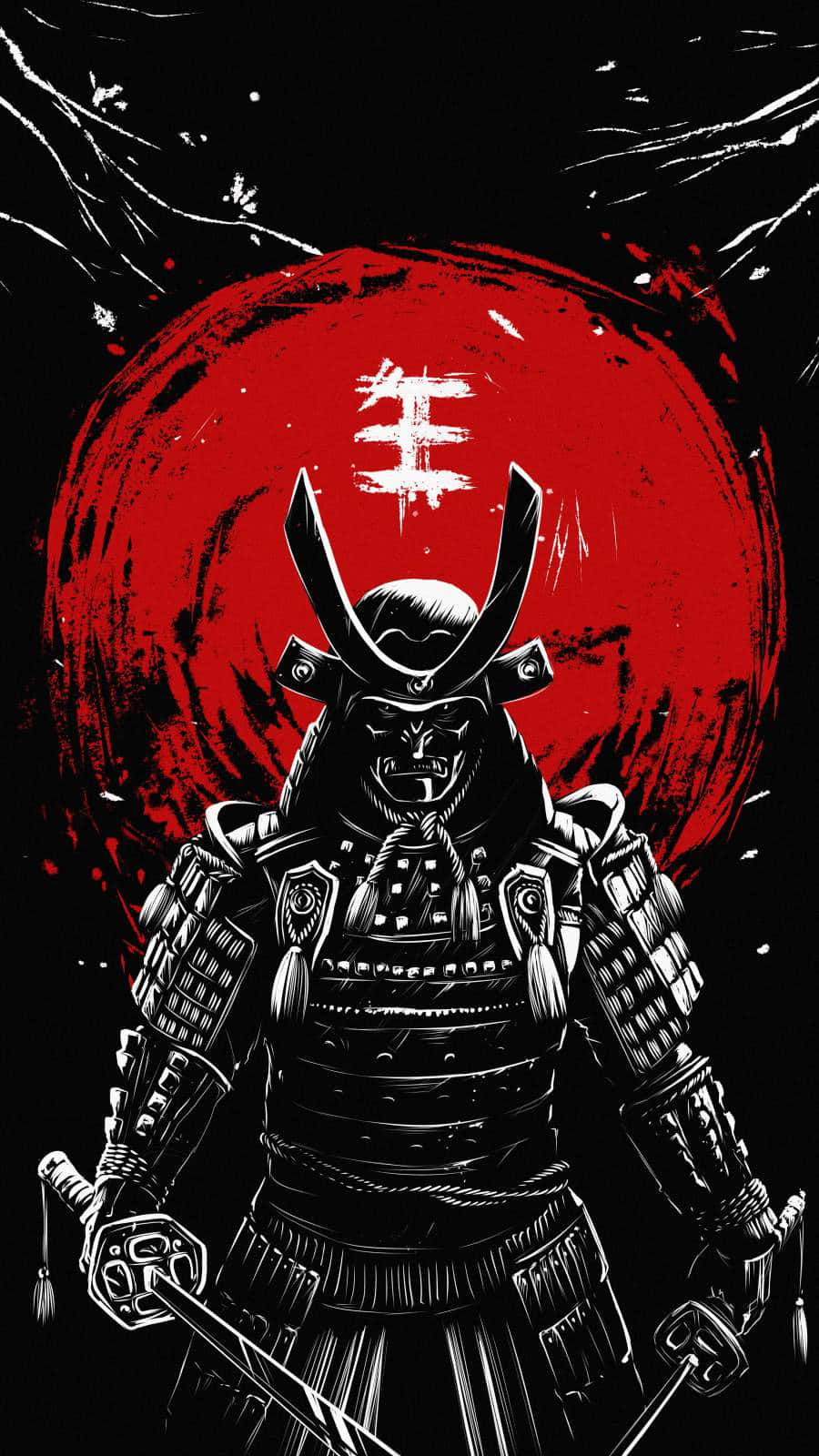 Samurai X 桌布 壁紙 — 一個威猛的武士穿著精細的黑色盔甲，站在血紅色的太陽前，帶有白色漢字符號。