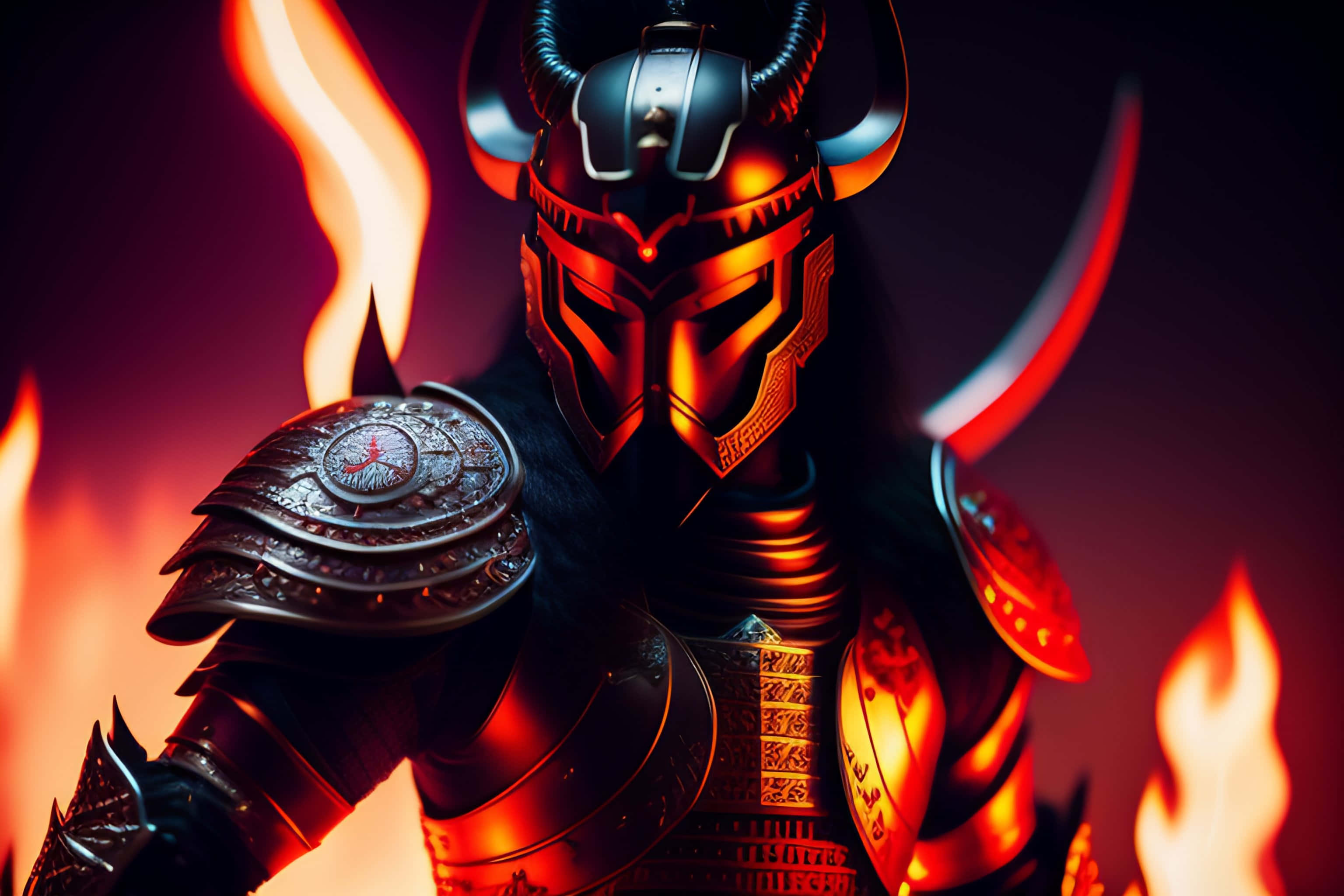 Samurai Armor 桌布 壁紙 — 一個威猛的武士穿著華麗的暗色盔甲，站在咆哮的火焰中，帶有發光的紅色亮點。