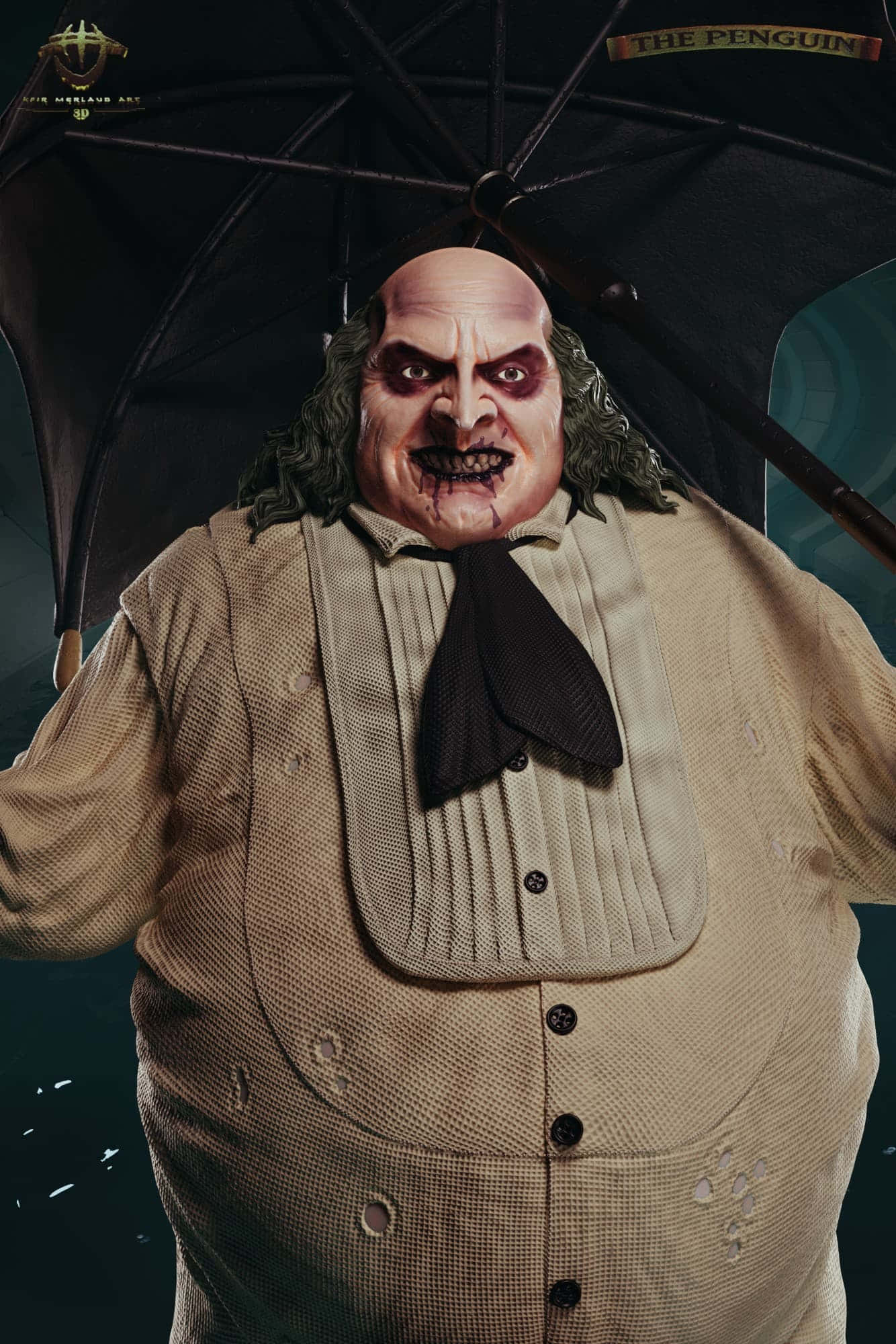 Batman Penguin 桌布 壁紙 — 一個威脅性的企鵝惡棍，禿頭且頭髮狂野，在黑暗背景下拿著一把黑色雨傘。