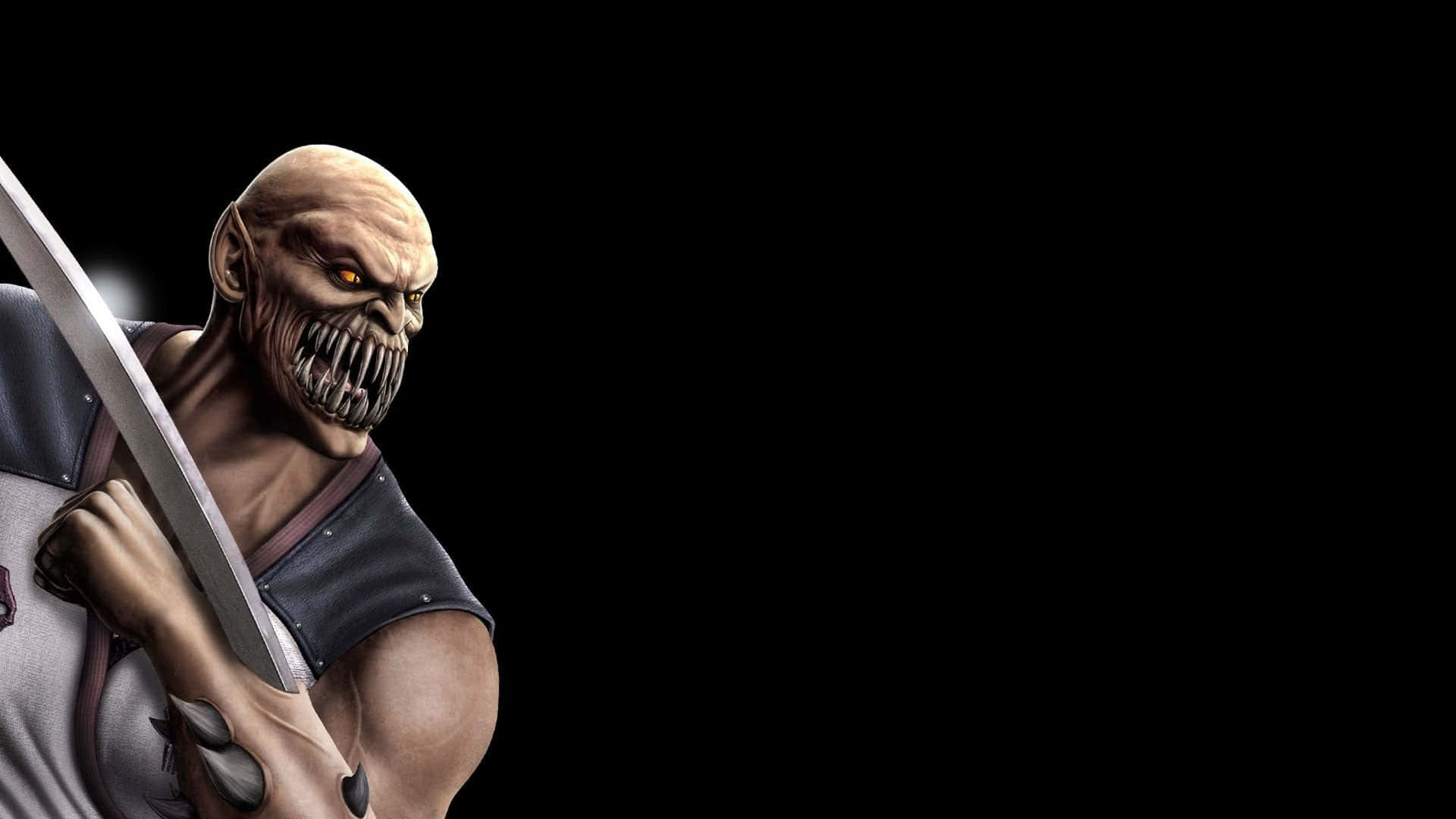 Mortal Kombat Baraka 桌布 壁紙 — 一個威脅性的光頭戰士，擁有發光的黃色眼睛和鋒利的牙齒，在黑色背景前握著一把劍。
