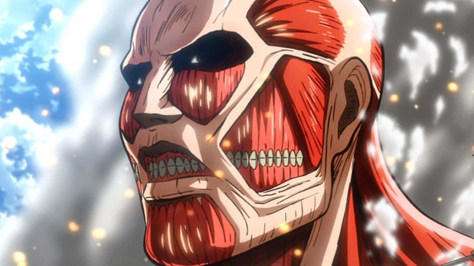 Great Titan War 桌布 壁紙 — 一個威脅性的動漫巨人，暴露的紅色肌肉和發光的眼睛，在明亮的天空中咆哮，火花四濺。
