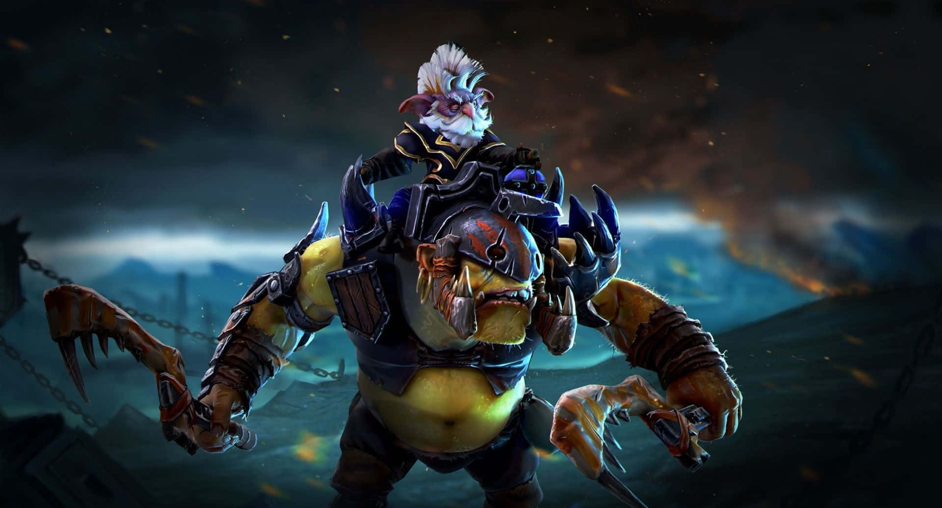 Dota 桌布 壁紙 — 一個威脅性的奇幻獸人戰士，擁有發光的眼睛和尖刺盔甲，站在黑暗風暴的戰場上，天空如火。