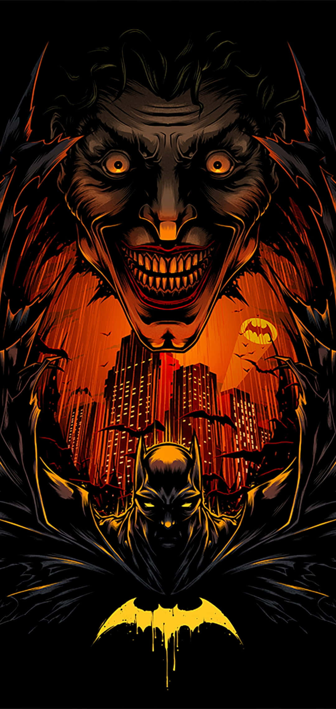 Batman The Long Halloween 桌布 壁紙 — 一個威脅性的小丑籠罩在熾熱的高譚市天際線上，蝙蝠俠在其下方，兩者都被黑色翅膀框住，背景為黑色。