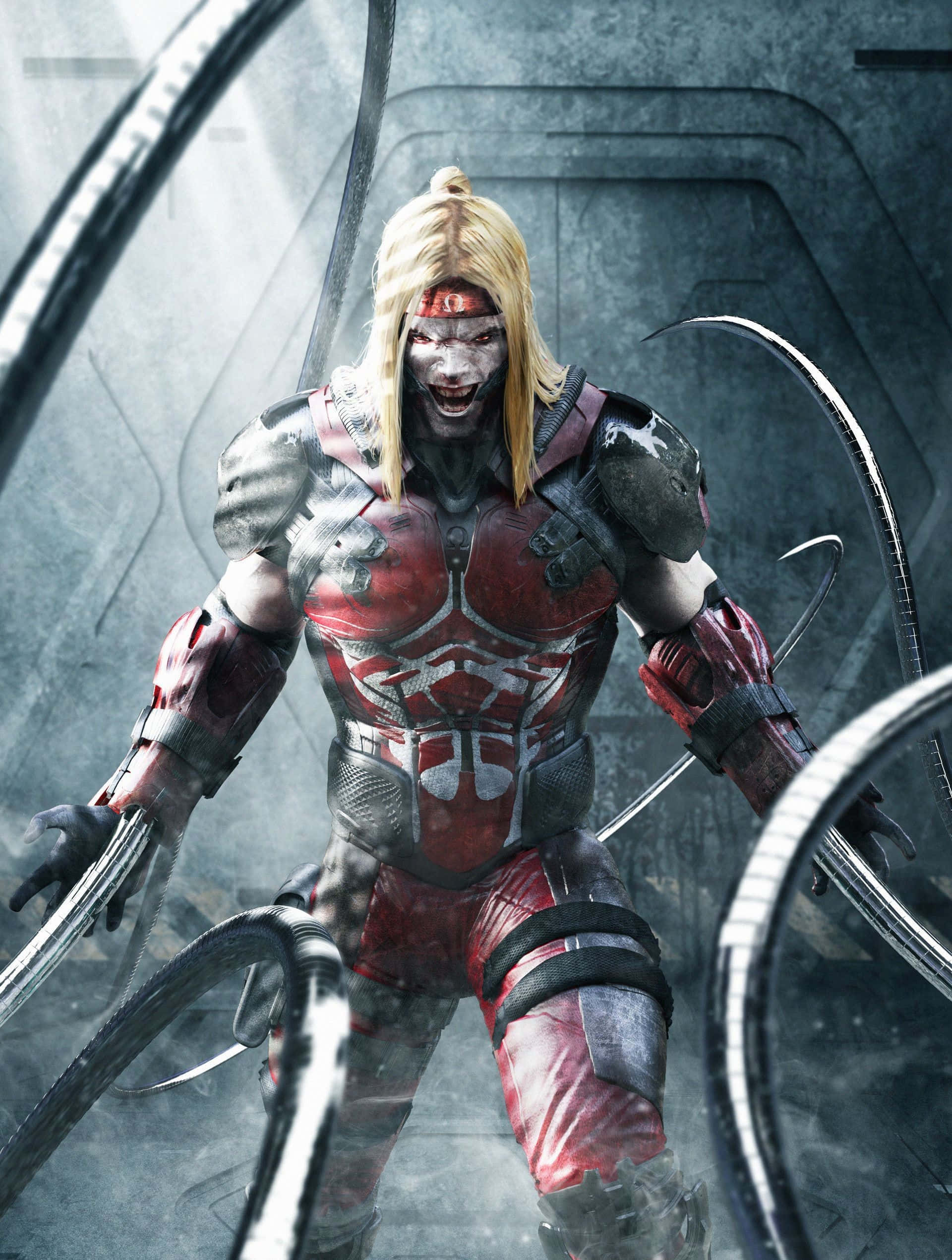 Omega Red 桌布 壁紙 — 一個威脅性的機械戰士，金髮紅甲，站在金屬走廊中揮舞著彎曲的刀刃。